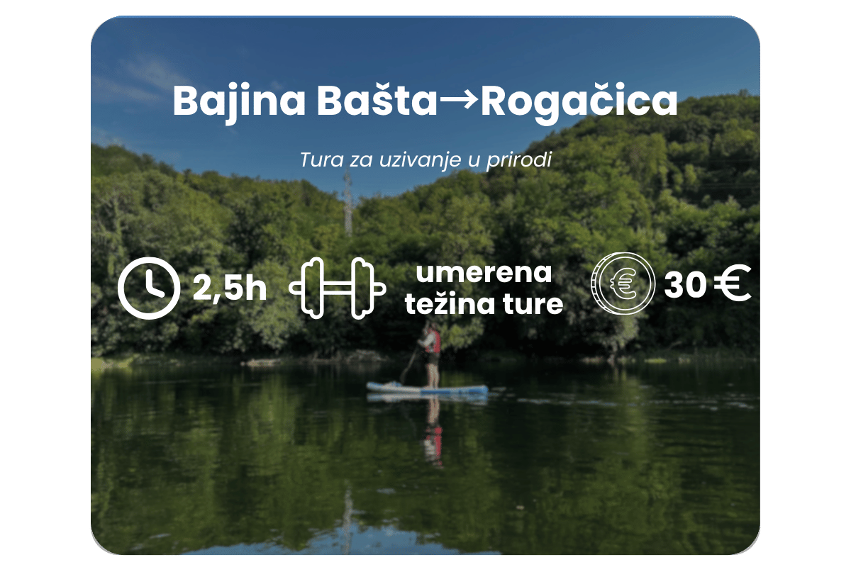 A promotional image advertising a nature tour from Bajina Bašta to Rogačica. It features a scenic background of a river and green forested hills, with icons indicating a duration of 2.5 hours, a moderate difficulty level, and a price of 30 euros.