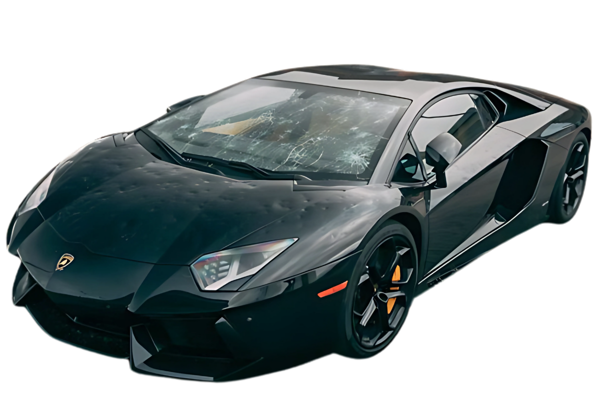 Black sports car with a cracked windshield and visible damage on the surface.