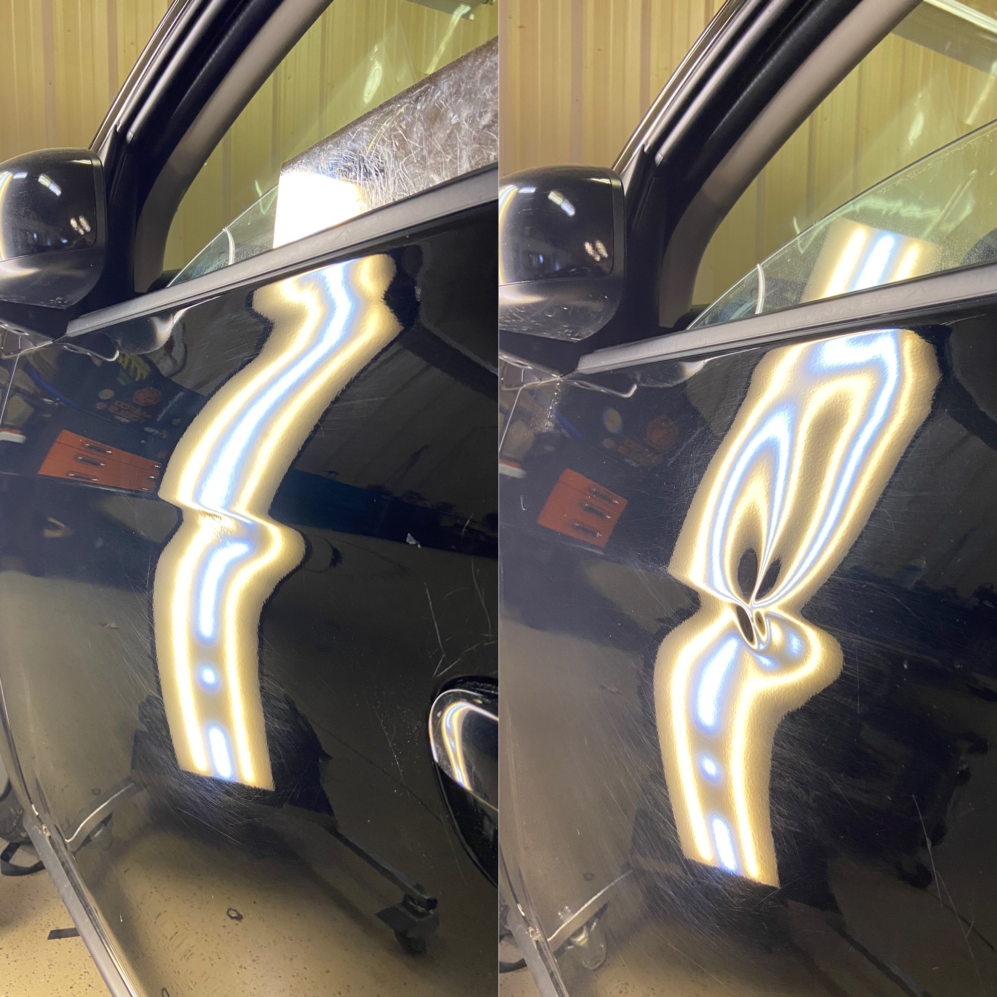 Comparison of car door with and without dent, showing light reflection changes.