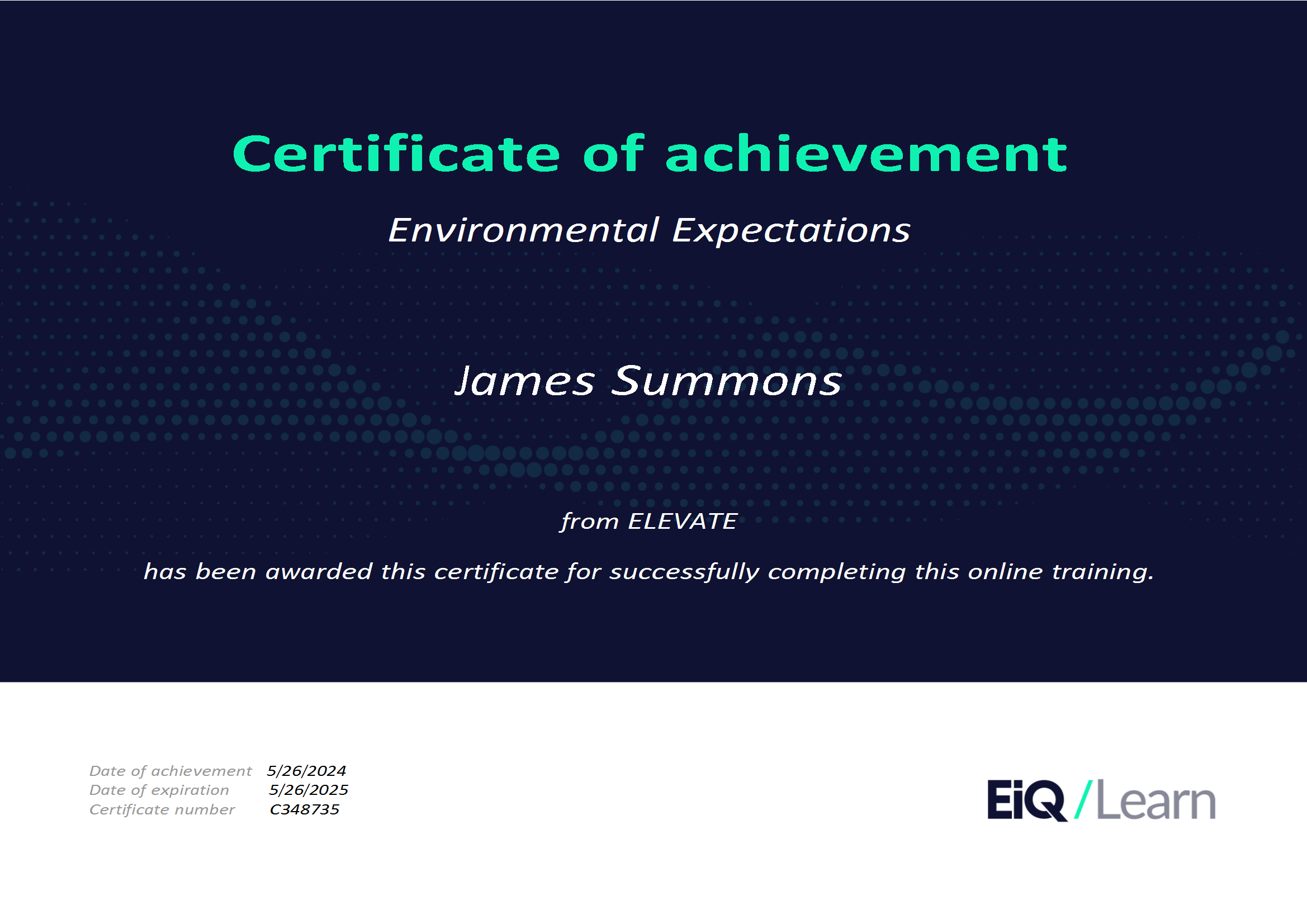Certificate of achievement in Environmental Expectations training awarded to James Summons from ELEVATE & LRQA, for corporate social responsibility and ESG