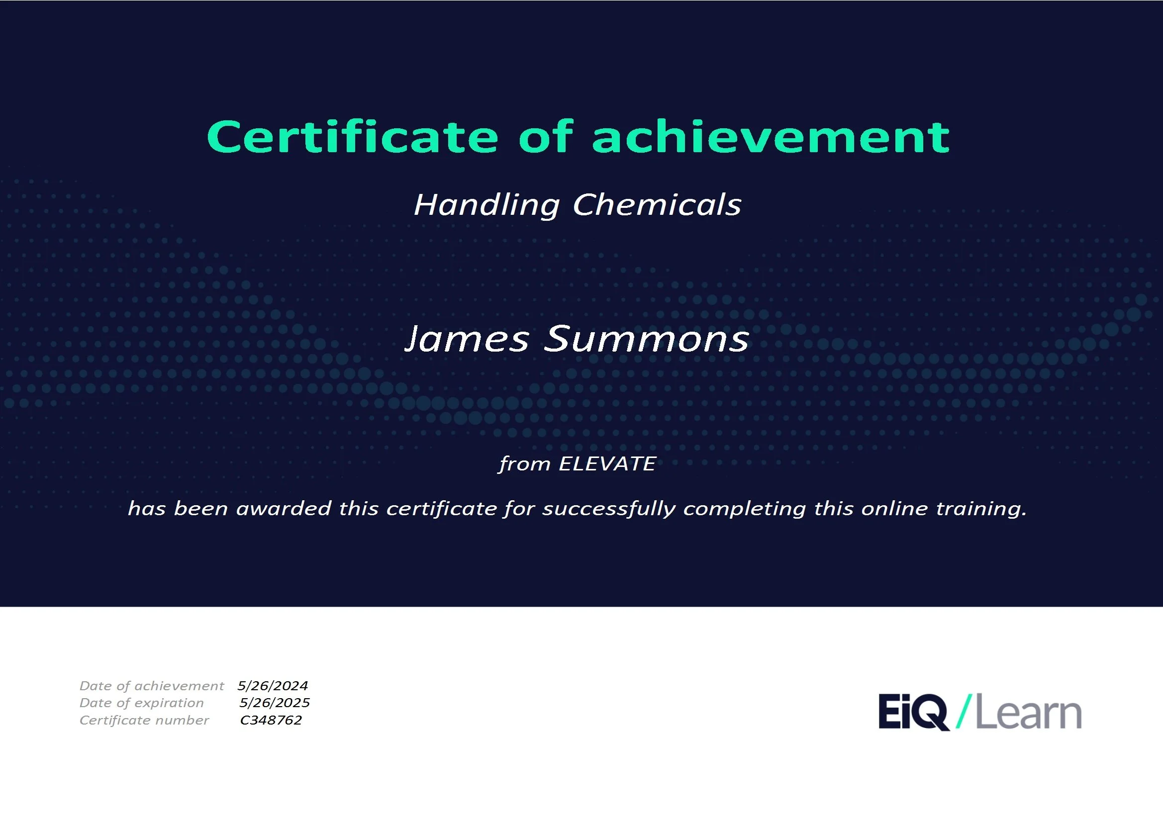 Certificate of achievement for Handling Chemicals training awarded to James Summons by ELEVATE & LRQA, for corporate social responsibility and ESG