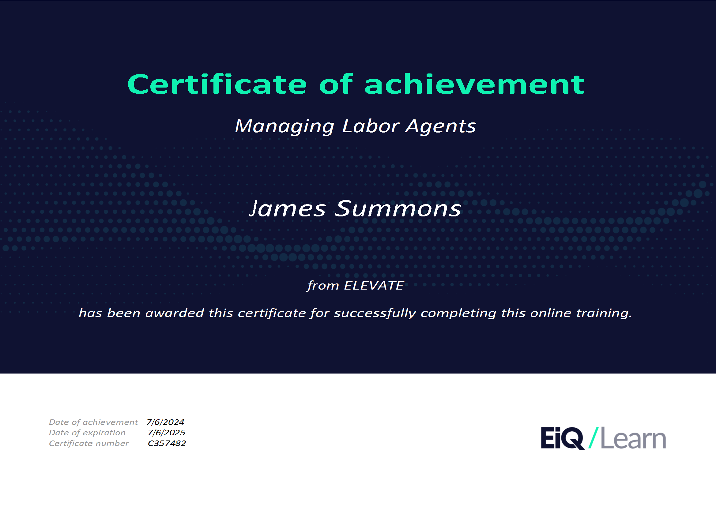 Certificate of achievement for managing labor agents awarded to James Summons by ELEVATE & LRQA, for corporate social responsibility and ESG