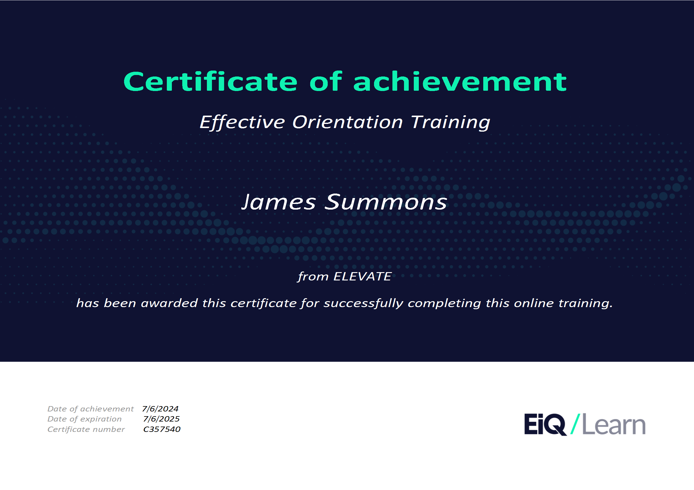 Certificate of achievement for Effective Orientation Training awarded to James Summons by ELEVATE & LRQA, for corporate social responsibility and ESG