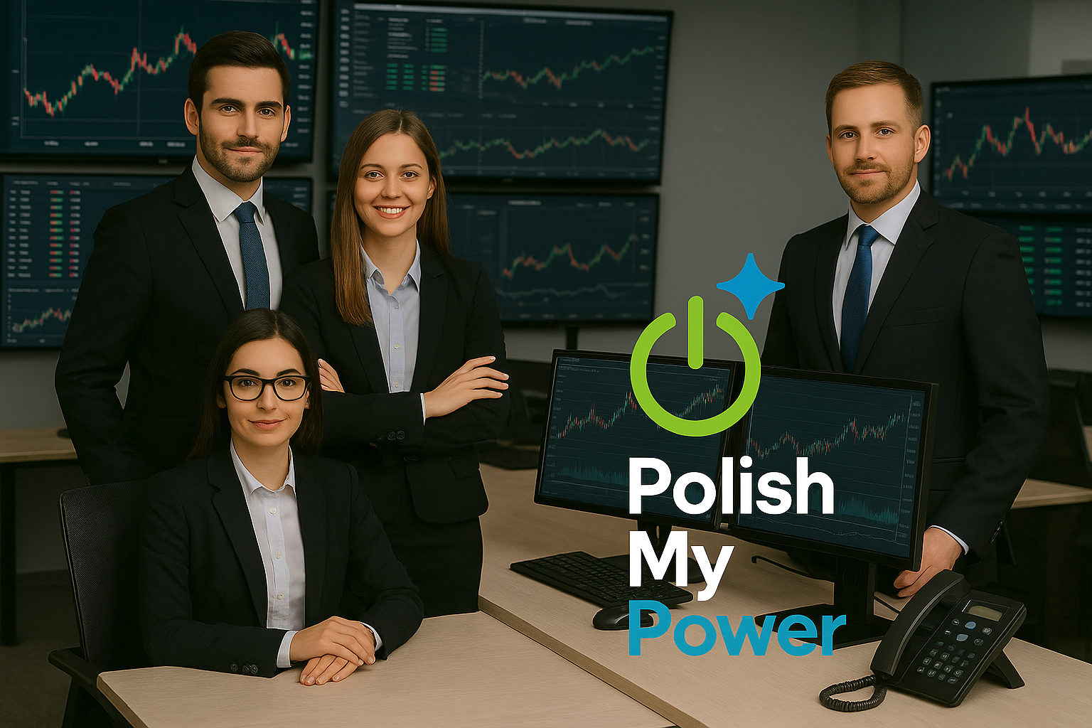 Professional energy consulting team at Polish My Power working with power data analytics in modern office