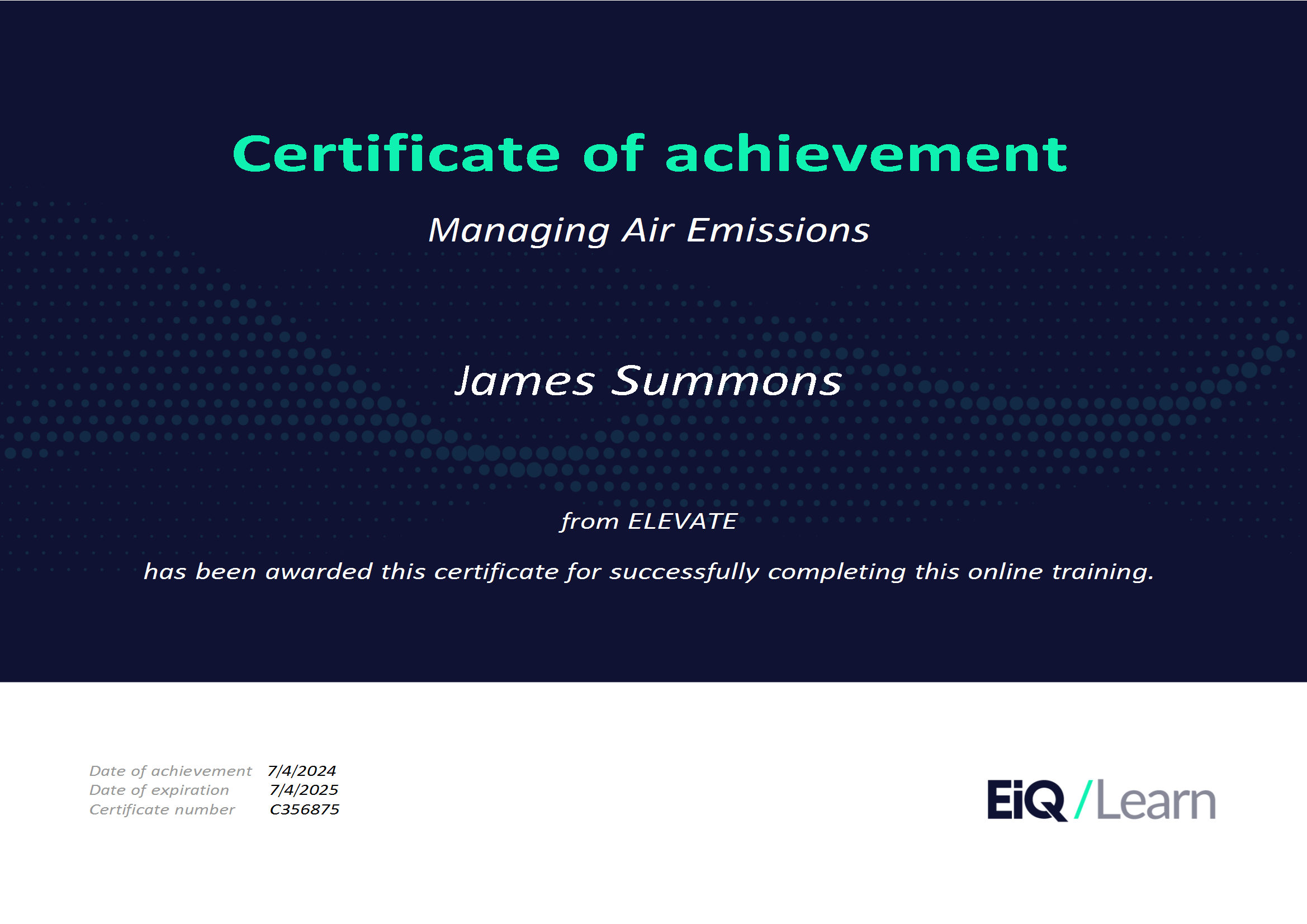 Certificate of achievement for managing air emissions awarded to James Summons by ELEVATE & LRQA, for corporate social responsibility and ESG