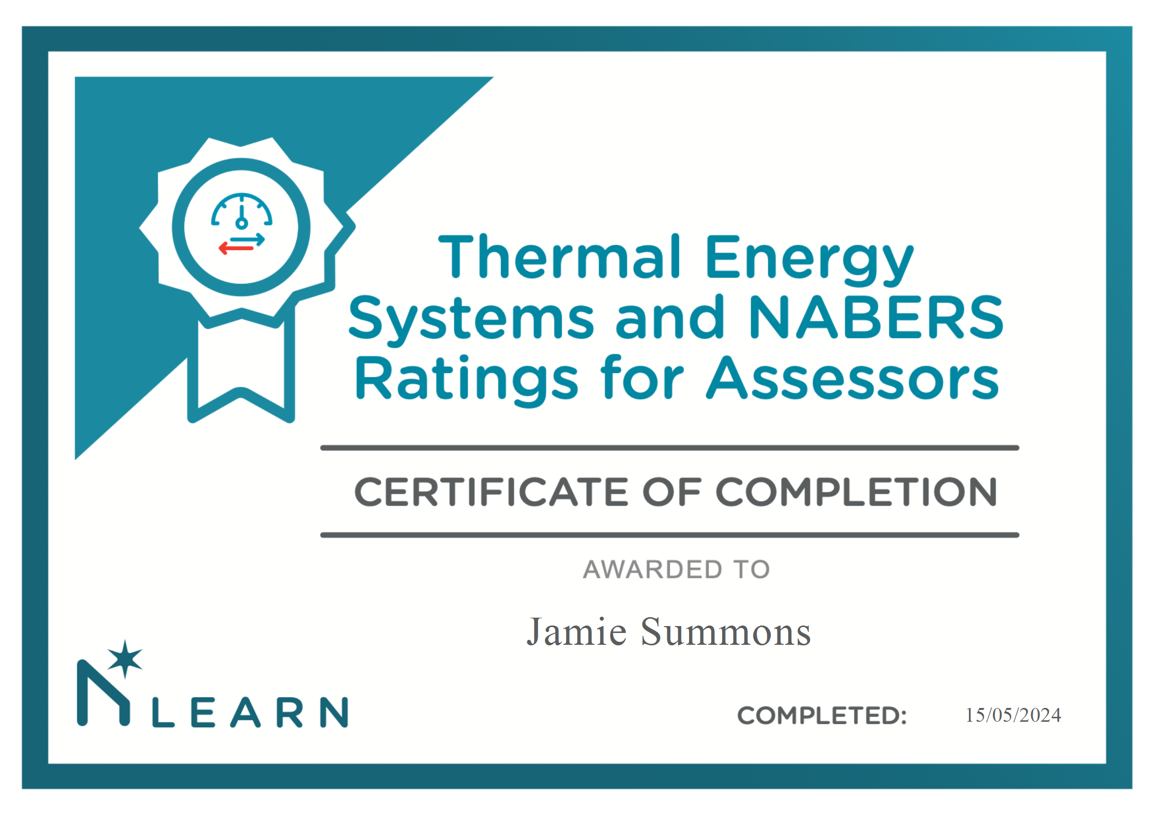 Certificate of completion awarded to Jamie Summons by NABERS for Thermal Energy Systems and NABERS Ratings for Assessors for corporate social responsibility and ESG