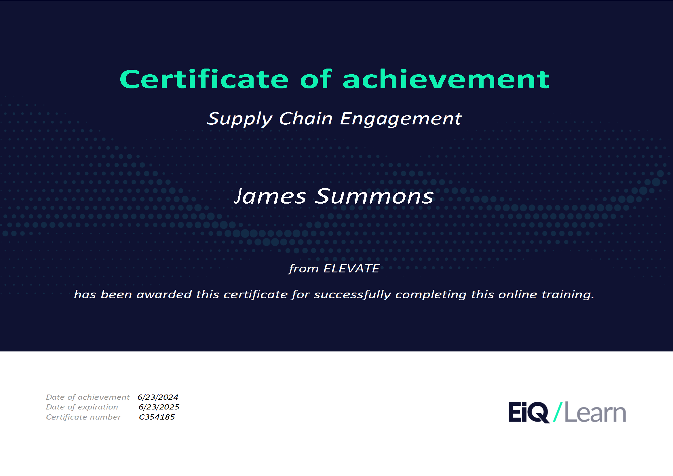 Certificate of achievement for supply chain engagement awarded to James Summons by ELEVATE & LRQA, for corporate social responsibility and ESG