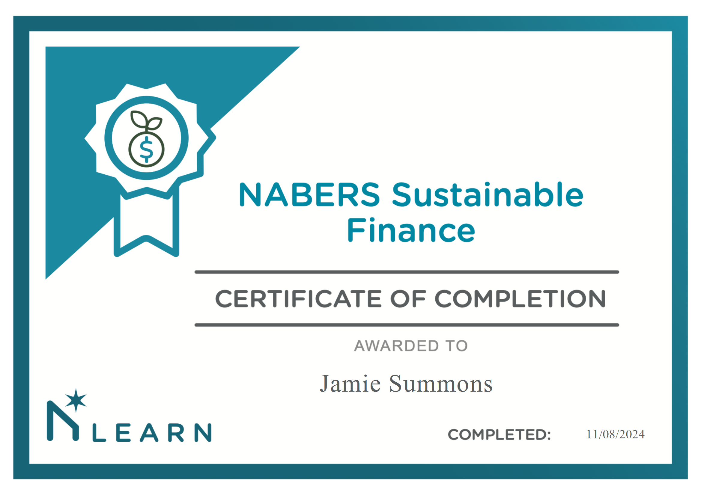 Certificate of completion from NABERS for Sustainable Finance awarded to Jamie Summons for corporate social responsibility and ESG