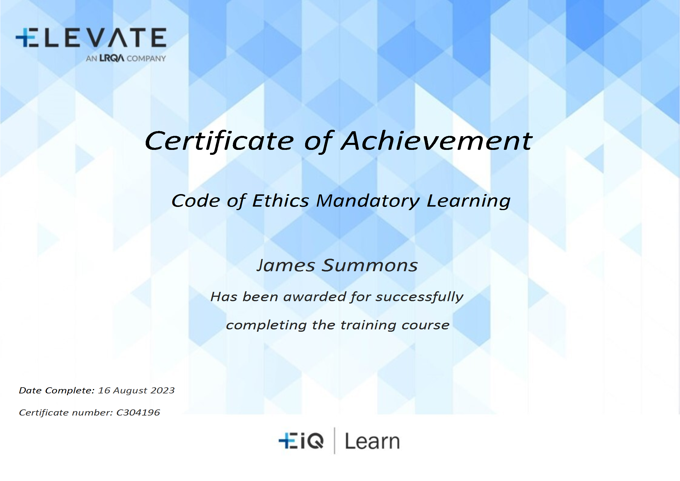 Certificate of Achievement for Code of Ethics Mandatory Learning awarded to James Summons by ELEVATE & LRQA, for corporate social responsibility and ESG