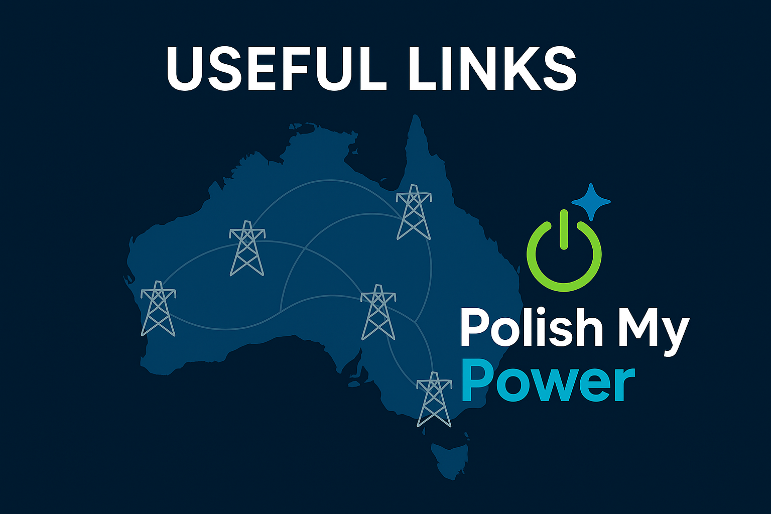 Map of Australia's electricity grid with transmission lines and Polish My Power logo for energy market resources