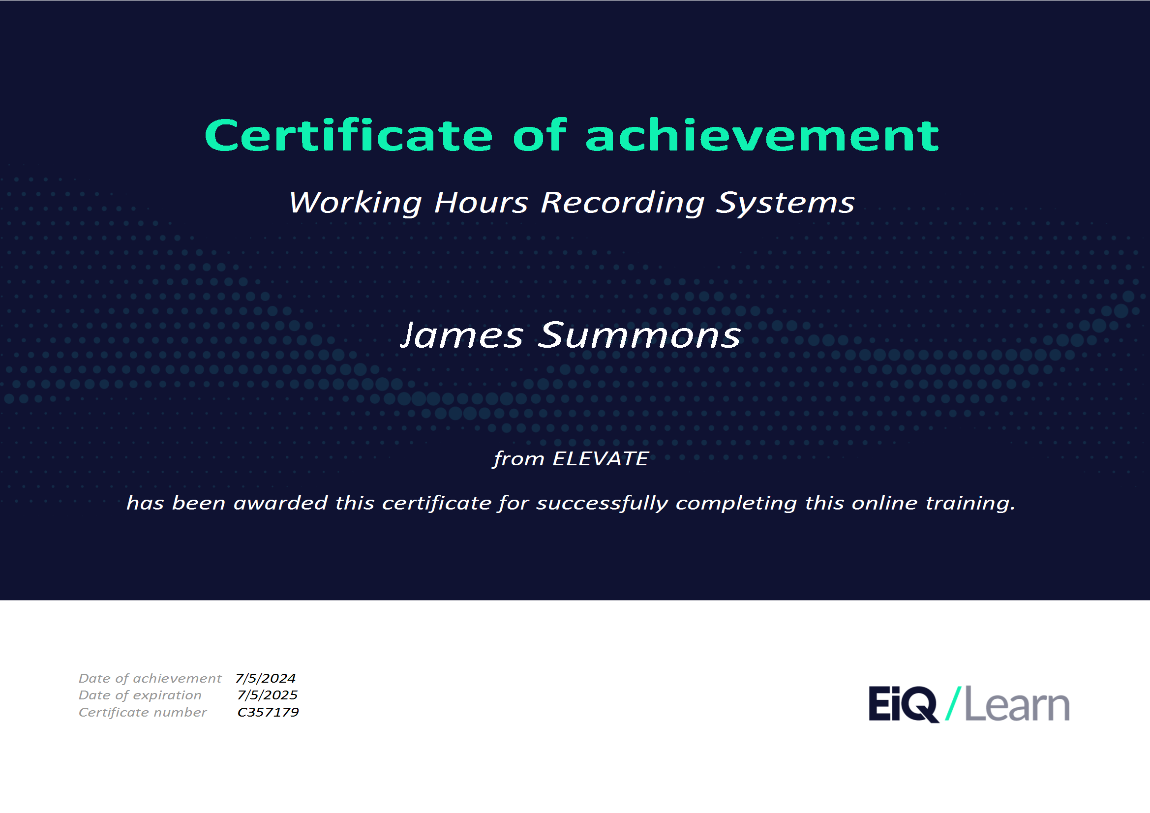 Certificate of achievement for Working Hours Recording Systems awarded to James Summons by ELEVATE & LRQA, for corporate social responsibility and ESG
