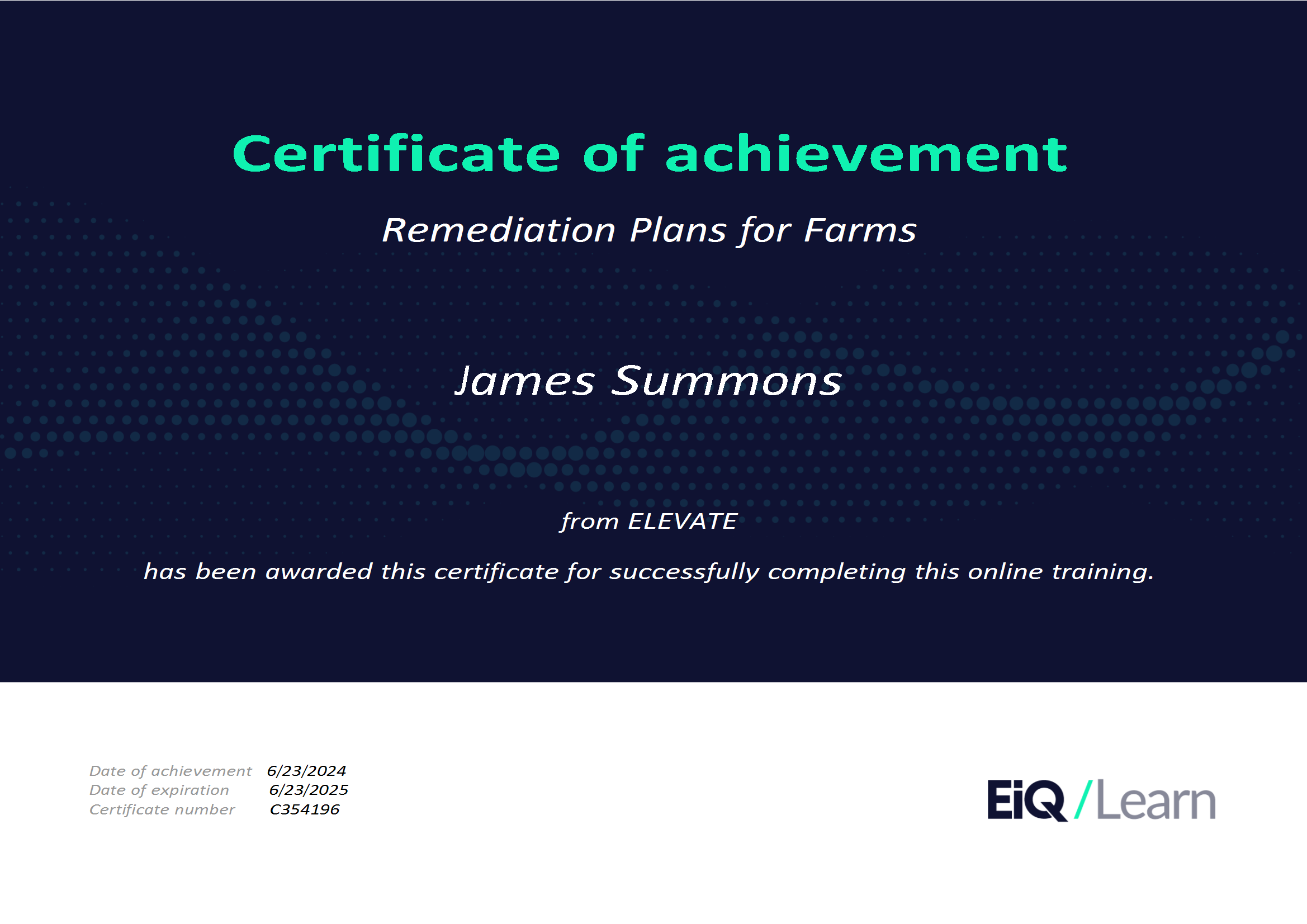 Certificate of achievement for Remediation Plans for Farms awarded to James Summons by ELEVATE & LRQA, for corporate social responsibility and ESG