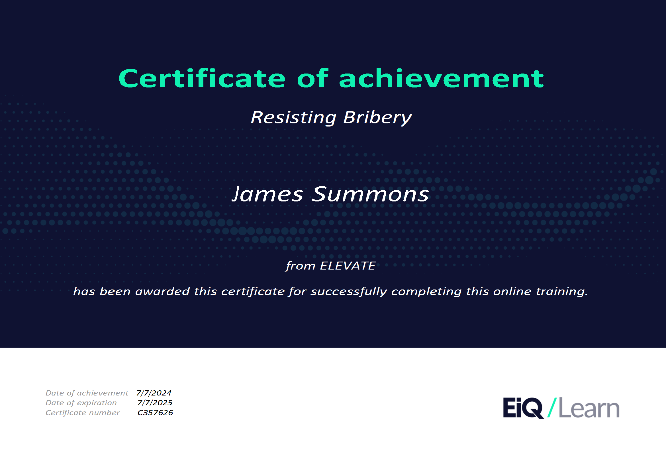 Certificate of achievement for resisting bribery awarded to James Summons by ELEVATE & LRQA, for corporate social responsibility and ESG