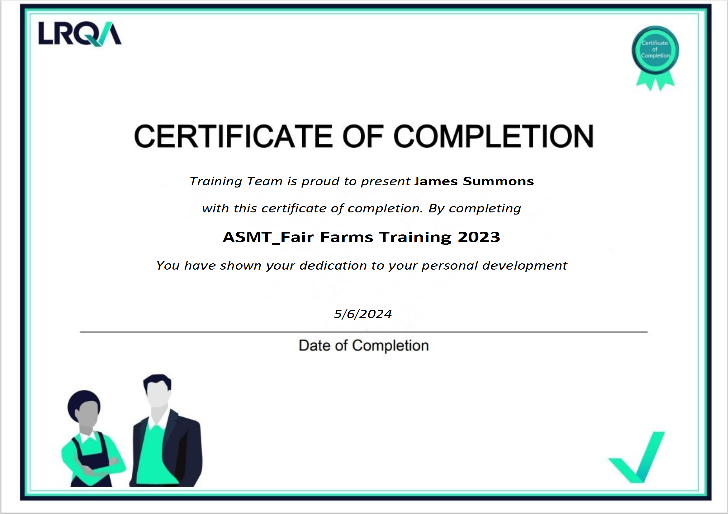 Certificate of completion for the ASMT_Fair Farms Training awarded to James Summons by ELEVATE & LRQA, for corporate social responsibility and ESG.