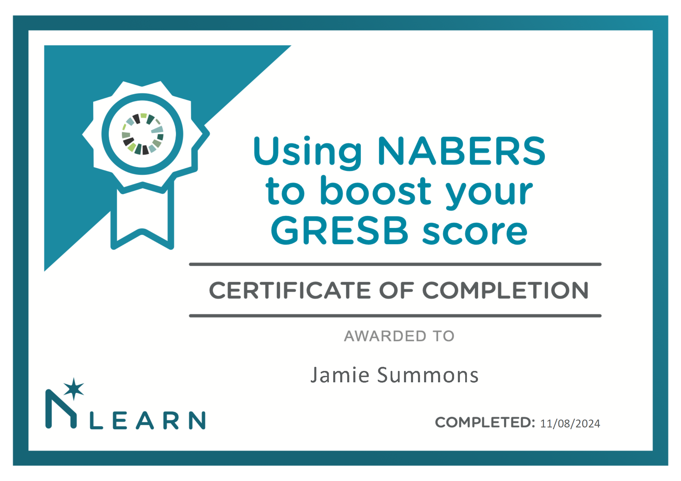 Certificate of completion for using NABERS to boost GRESB score awarded to Jamie Summons by NABERS for corporate social responsibility and ESG