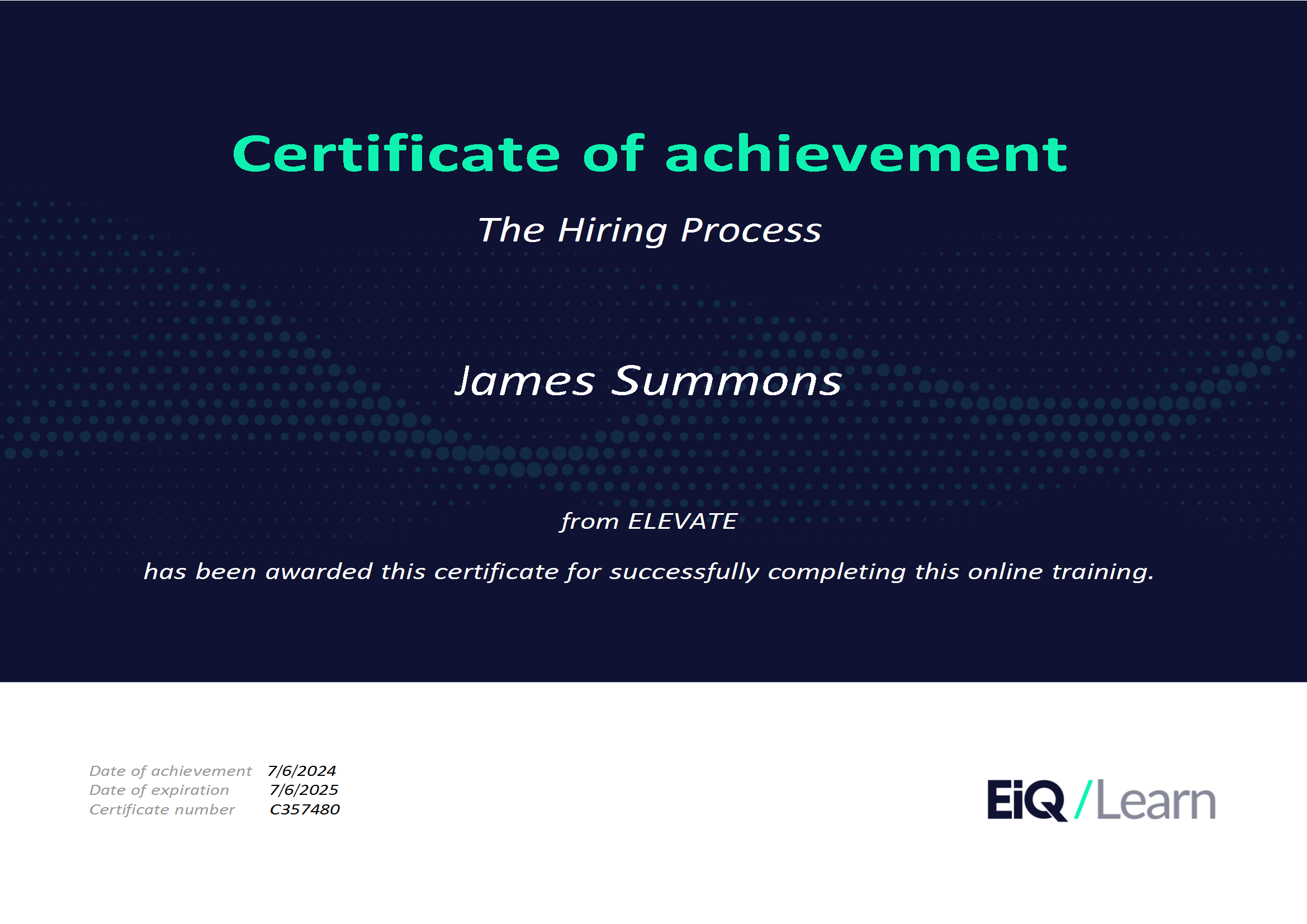 Certificate of achievement for the hiring process awarded to James Summons by ELEVATE & LRQA, for corporate social responsibility and ESG