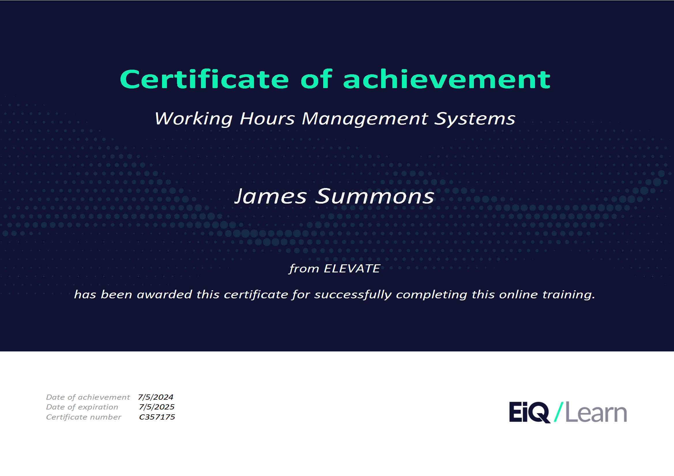 Certificate of achievement for working hours management systems awarded to James Summons by ELEVATE & LRQA, for corporate social responsibility and ESG