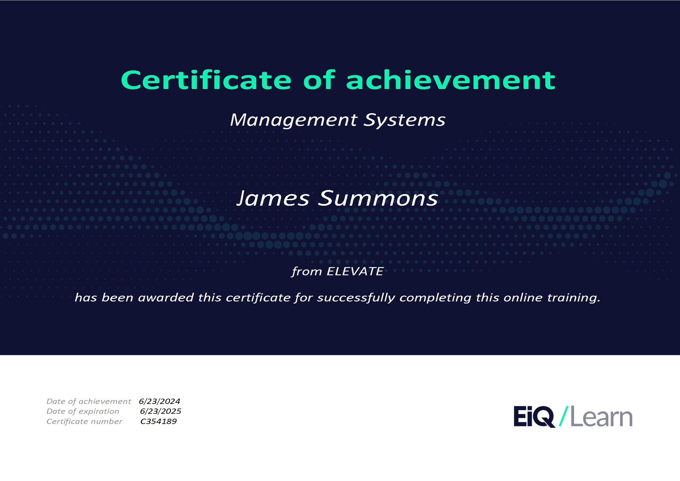 Certificate of achievement for Management Systems awarded to James Summons from ELEVATE & LRQA, for corporate social responsibility and ESG