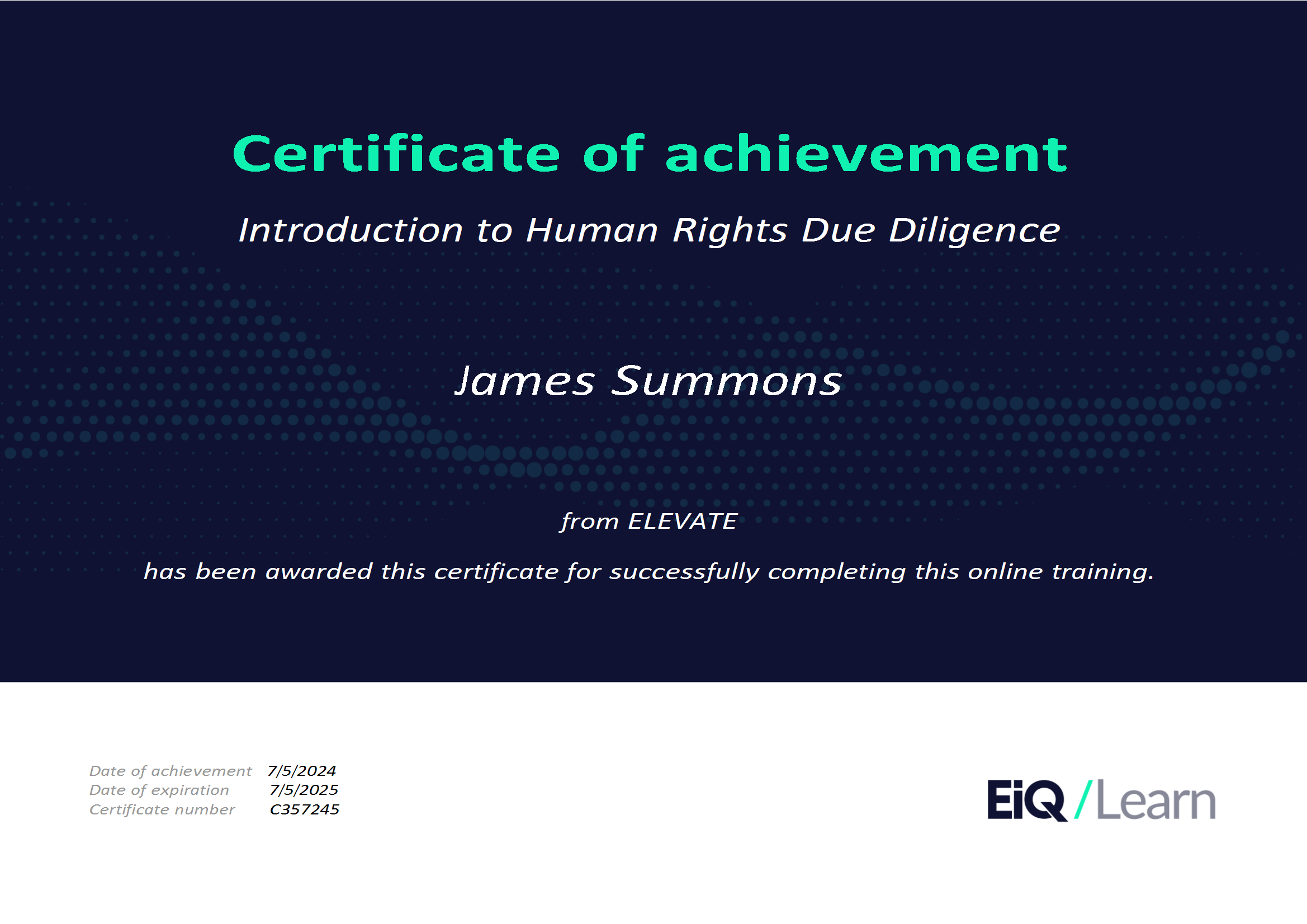 Certificate of achievement for Introduction to Human Rights Due Diligence awarded to James Summons by ELEVATE & LRQA, for corporate social responsibility and ESG