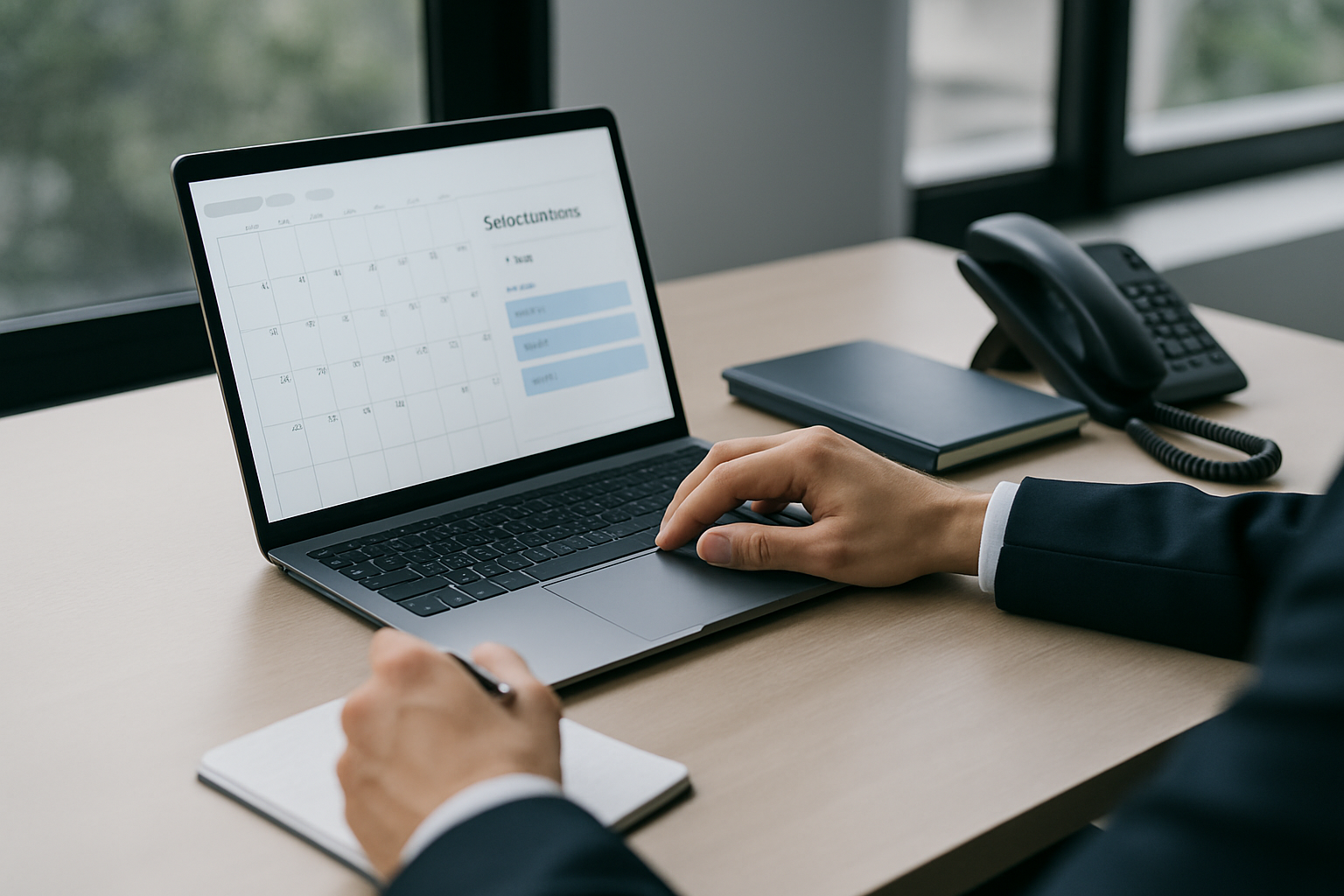 A person in business attire using a laptop at a desk, entering data into a calendar application, with a notebook, a landline phone, and a window in the background.