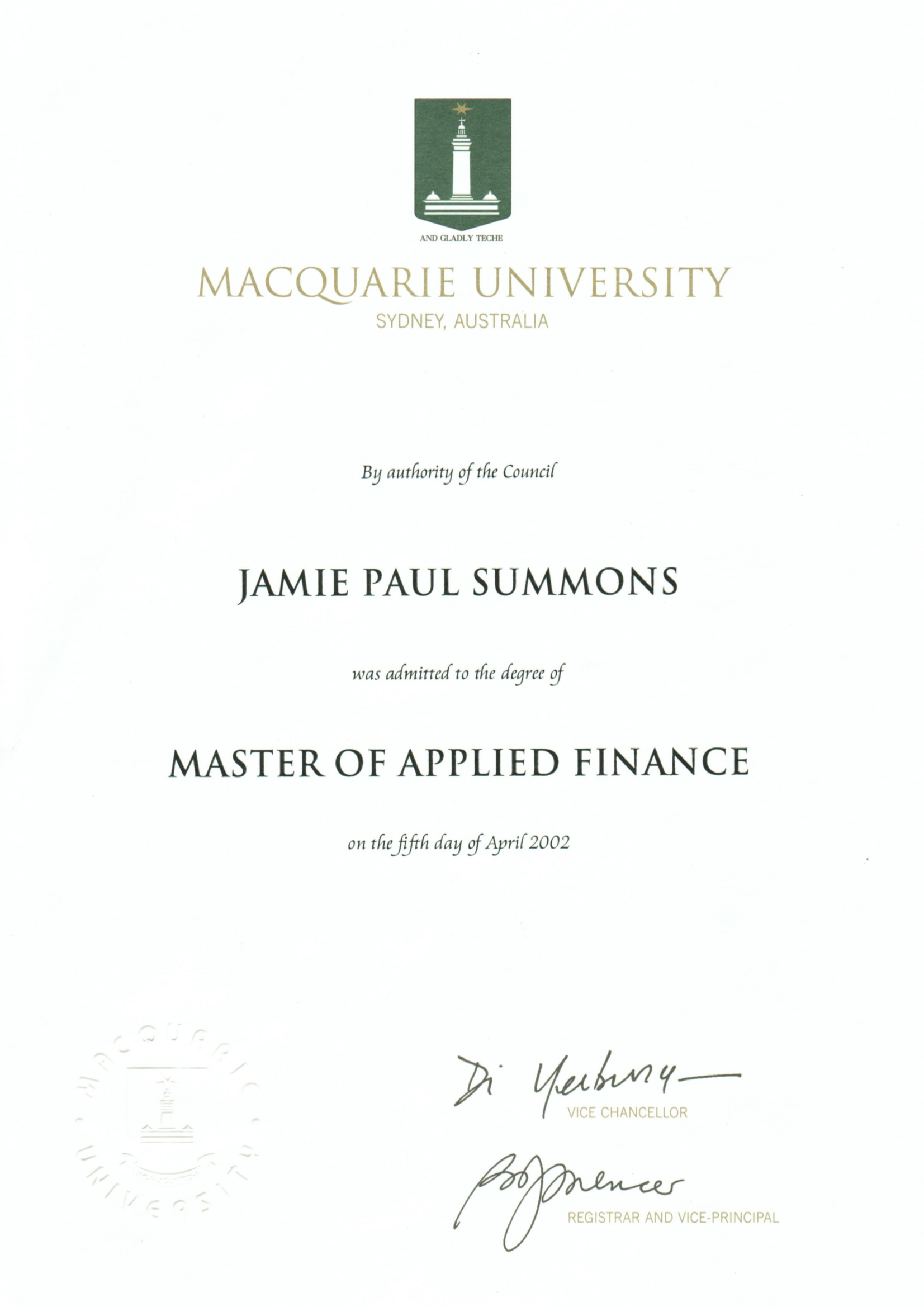 Macquarie University degree testamur was awarded to Jamie Paul Summons for a Master of Applied Finance on April 5, 2002, signed by the Vice Chancellor and Registrar.