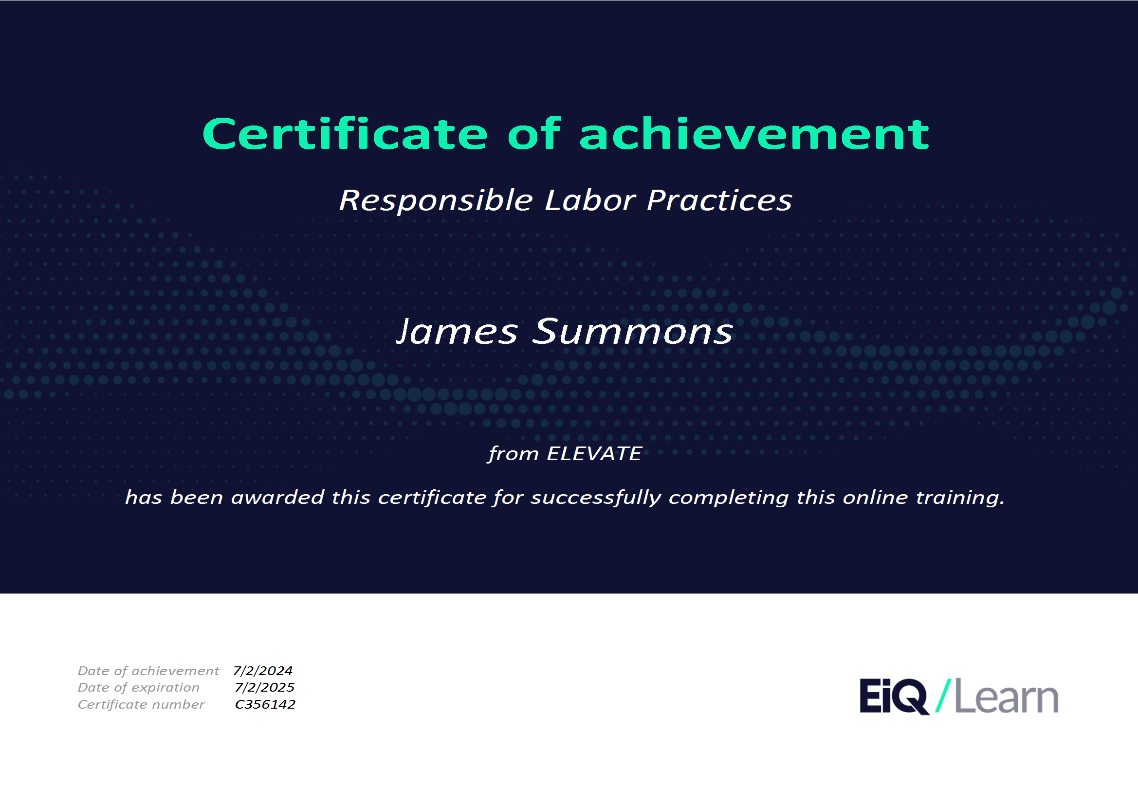 Certificate of achievement for responsible labor practices awarded to James Summons by ELEVATE & LRQA, for corporate social responsibility and ESG
