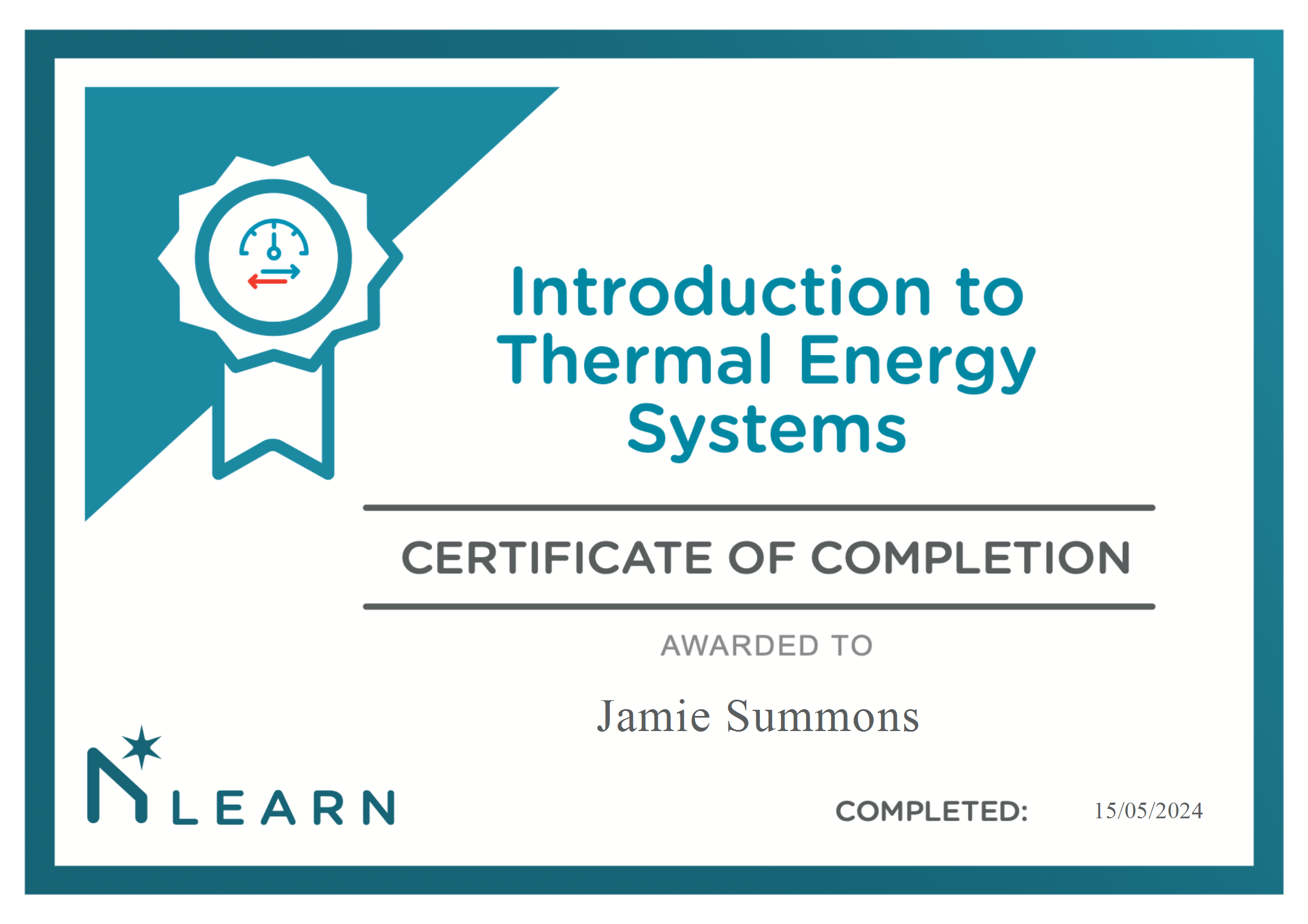 Certificate of completion for Introduction to Thermal Energy Systems awarded to Jamie Summons by NABERS for corporate social responsibility and ESG