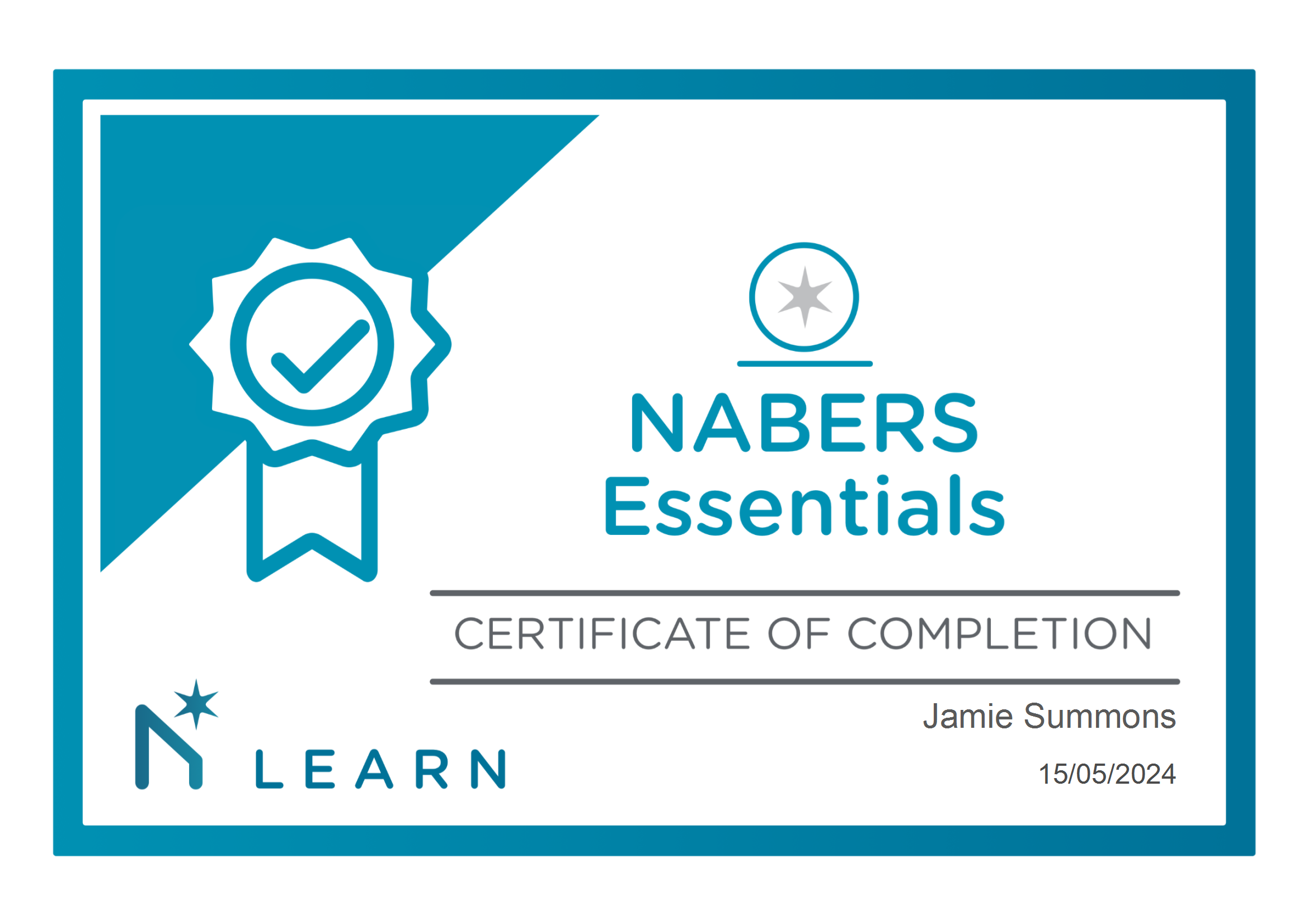 Certificate of completion for NABERS Essentials awarded to Jamie Summons for corporate social responsibility and ESG
