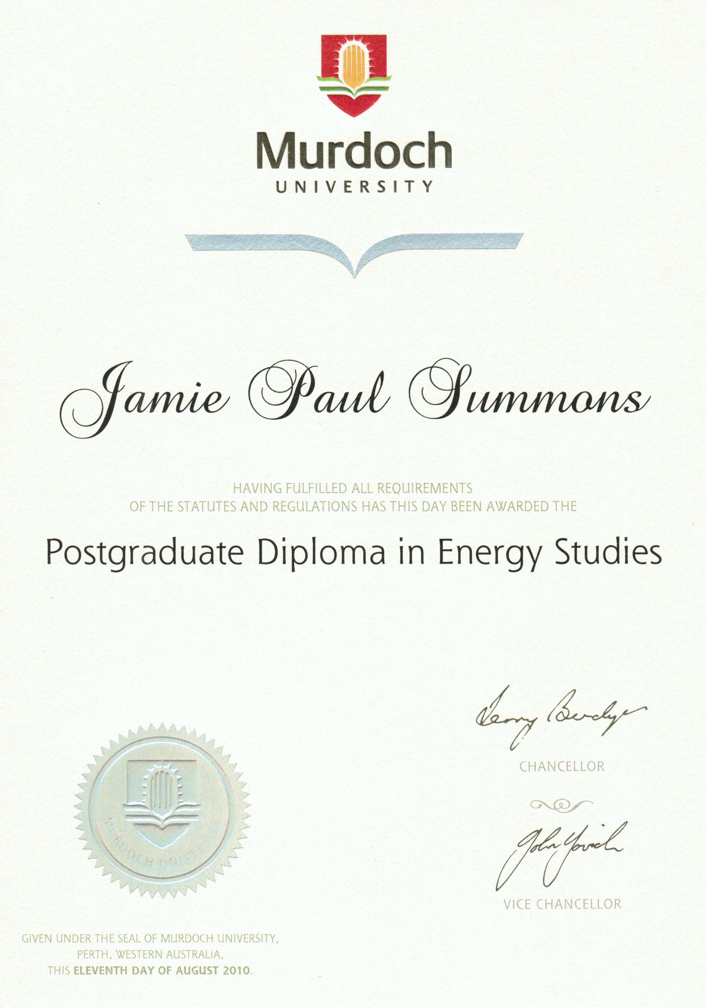 Murdoch University postgraduate diploma awarded to Jamie Paul Summons for Energy Studies - renewable energy and mathematical engineering, dated August 11, 2010.