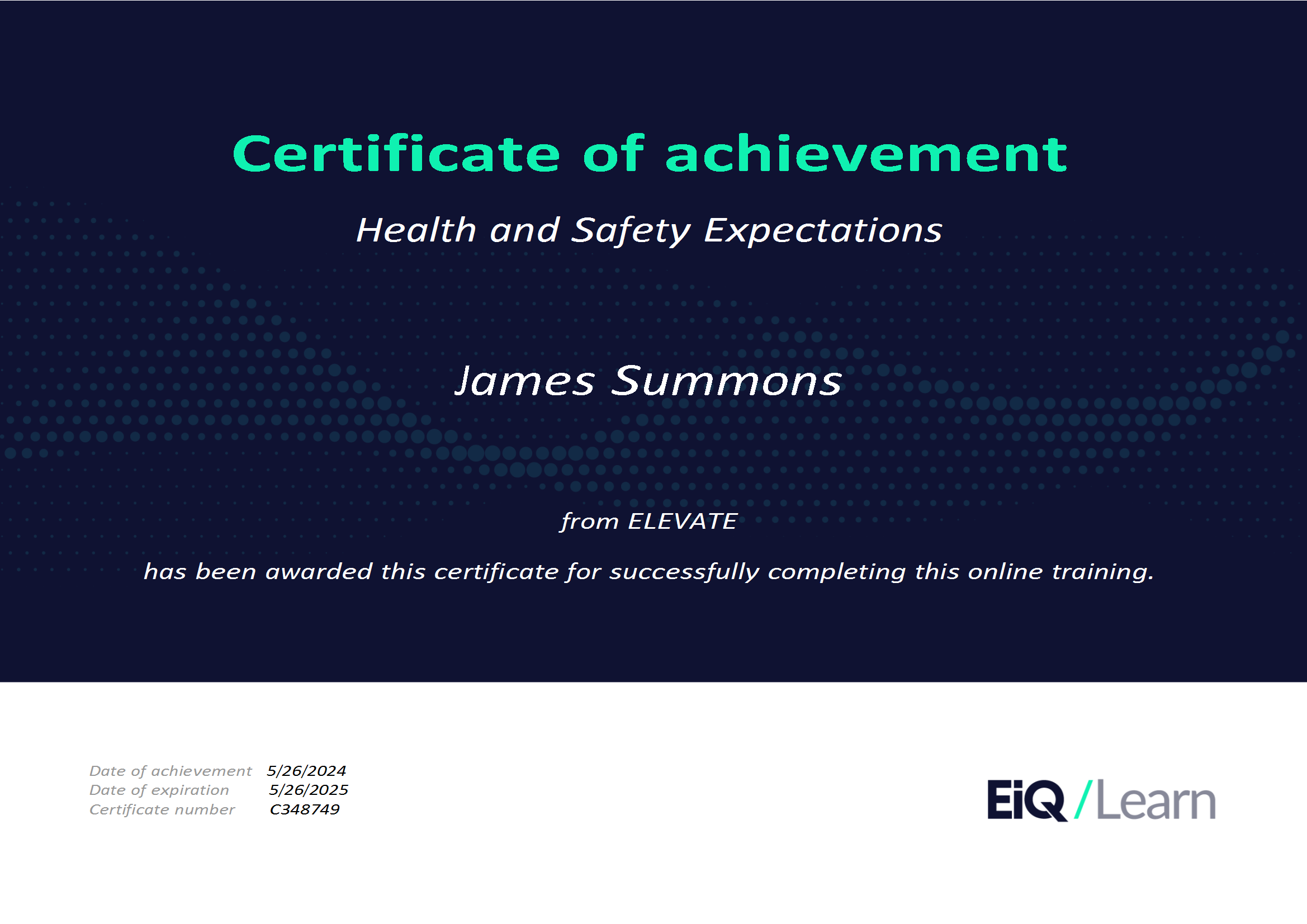 Certificate of achievement for training on health and safety expectations awarded to James Summons from ELEVATE & LRQA, for corporate social responsibility and ESG