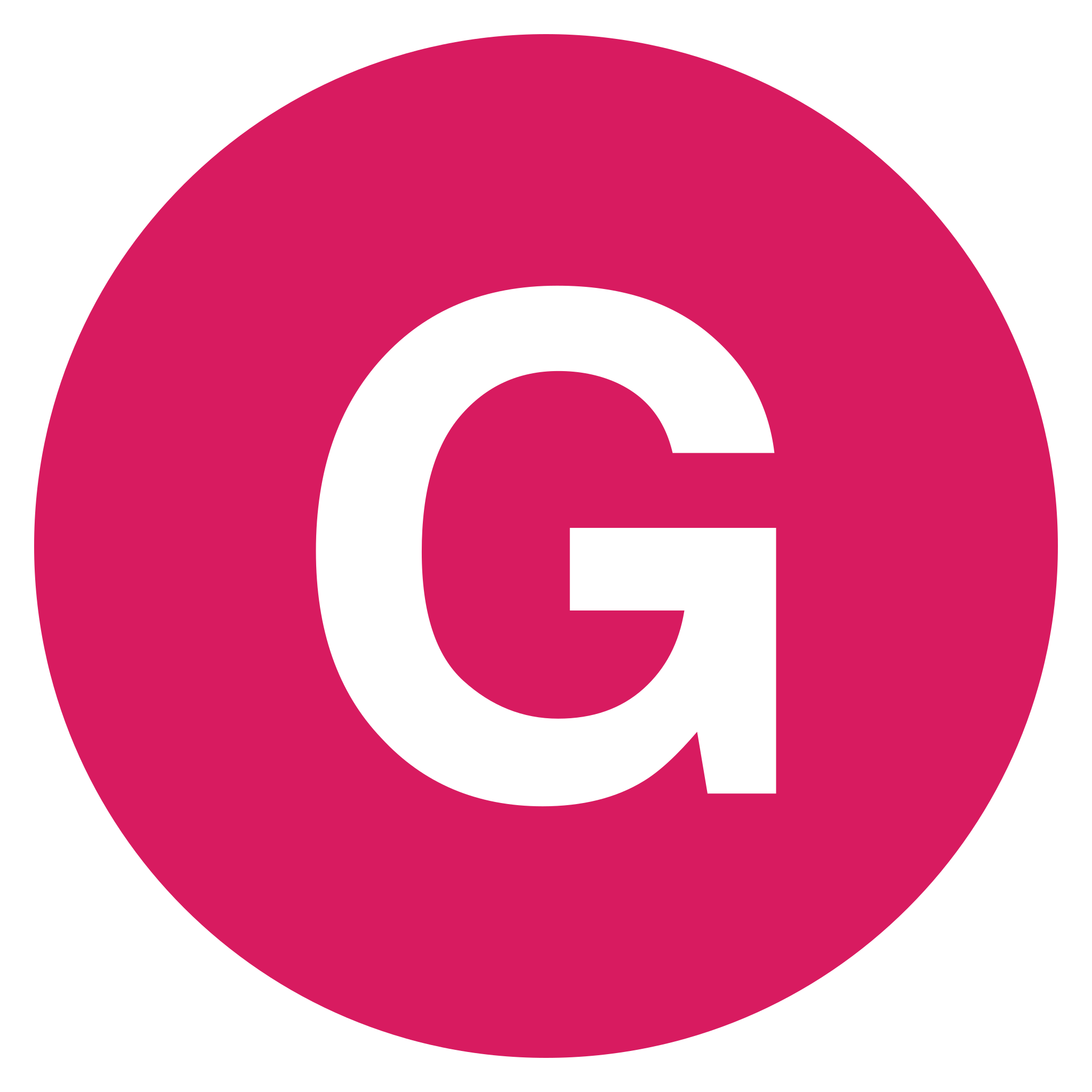 Bold black letter G inside a pink circle