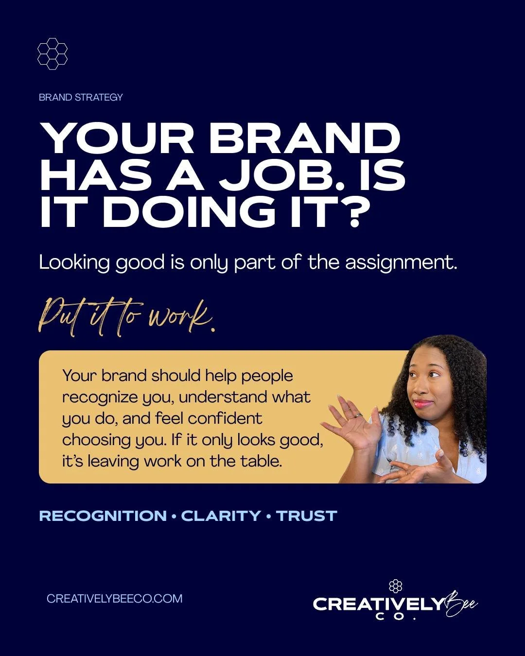 Your brand has a job to do. 👀

Yes, it should look good. But it should also help the right people notice you, quickly understand what your business does, and feel confident choosing you.

Because a pretty brand that isn&rsquo;t helping your business