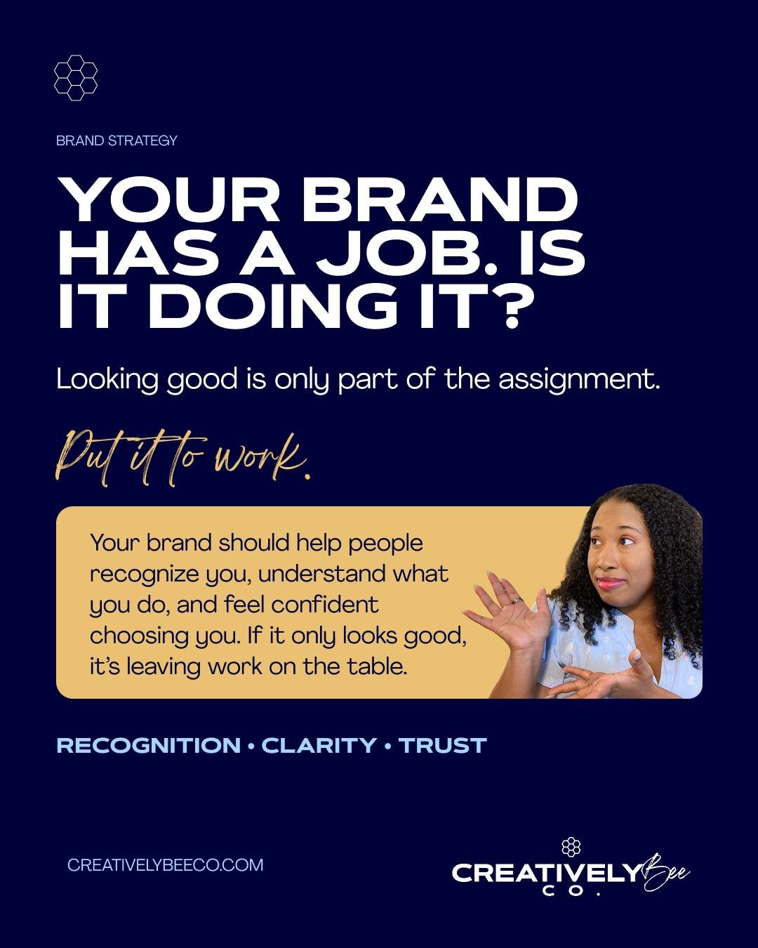 Your brand has a job to do. 👀

Yes, it should look good. But it should also help the right people notice you, quickly understand what your business does, and feel confident choosing you.

Because a pretty brand that isn&rsquo;t helping your business