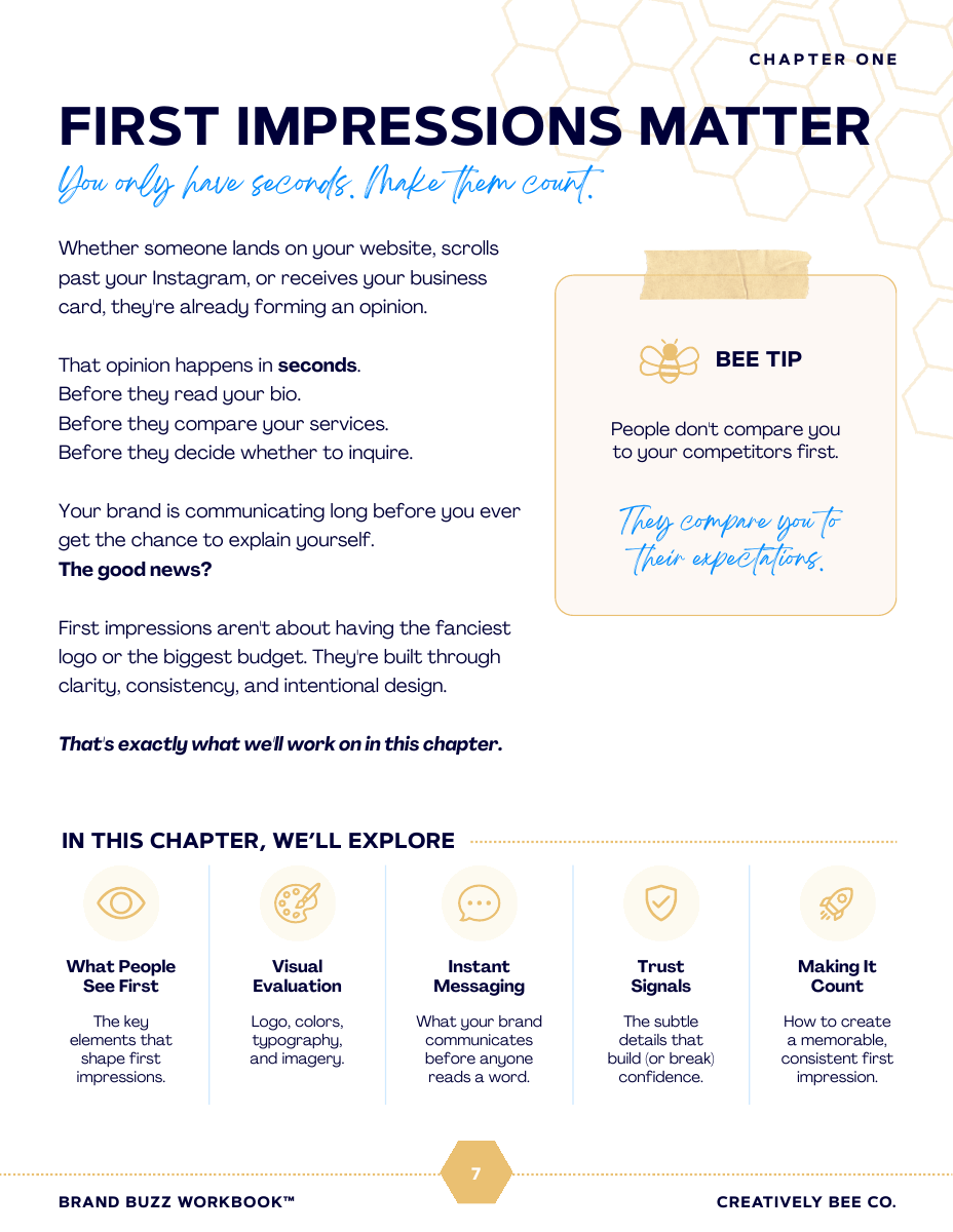 Brand Buzz workbook sample page: First Impressions Matter.