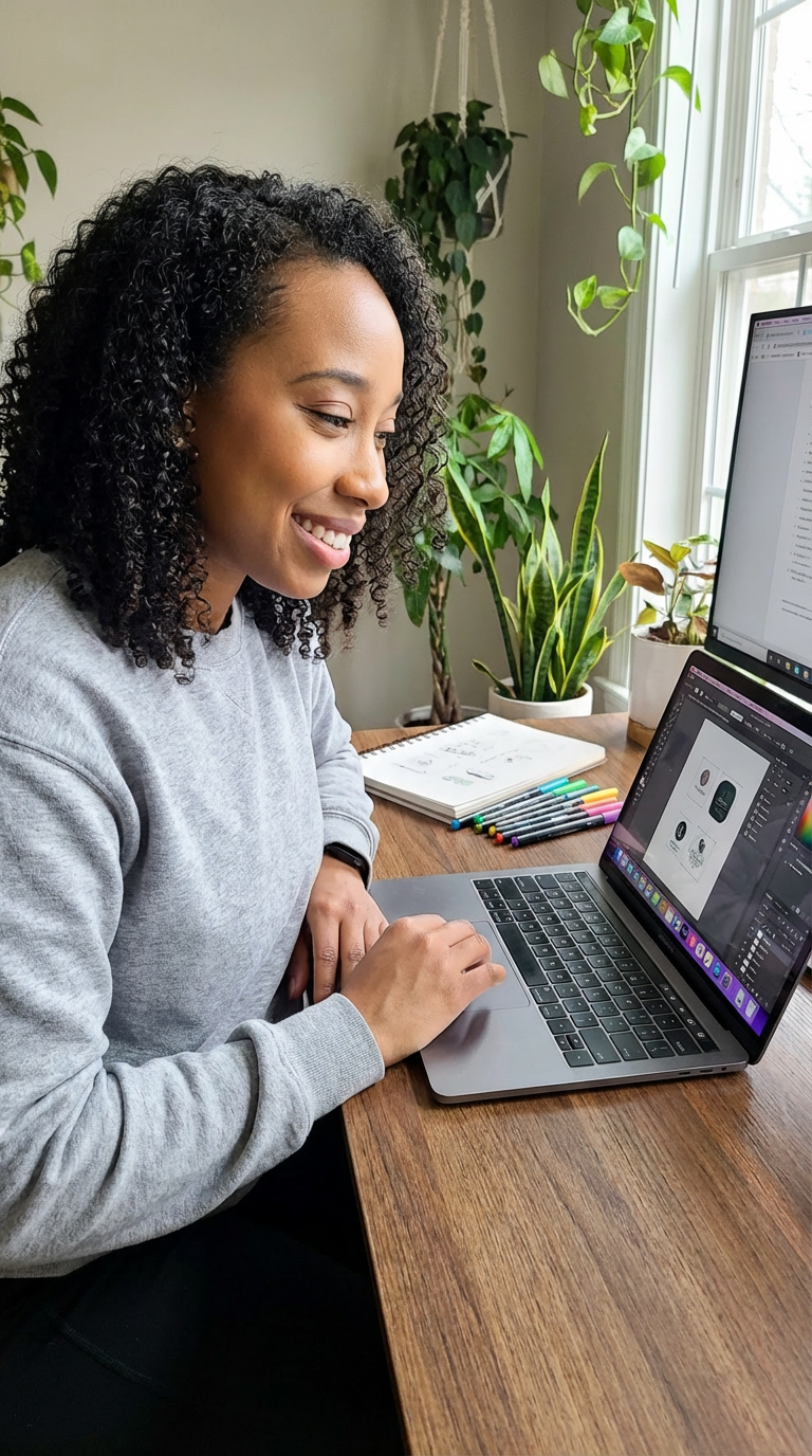 Bijan, a woman smiling while working on a laptop at a wooden desk, surrounded by green plants near a window.