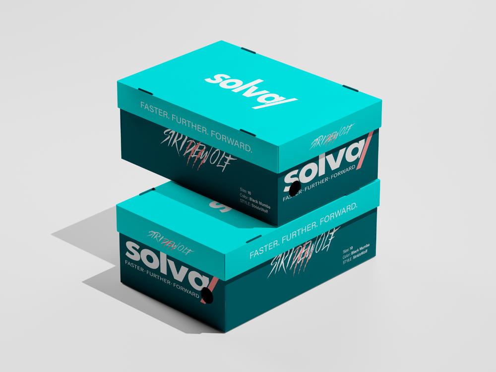 Solva brand identity applied to coordinated footwear packaging