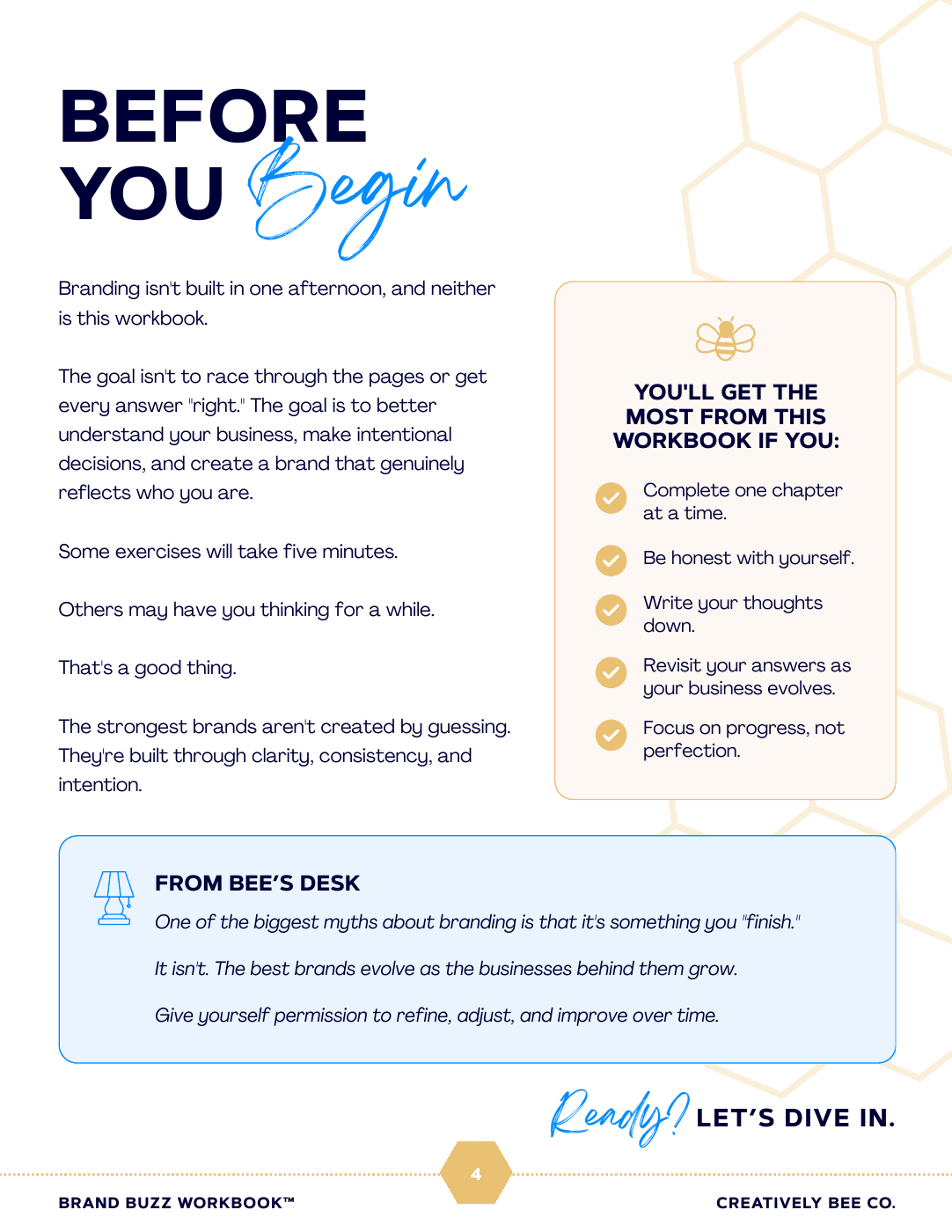Workbook page reading Your Brand Is Already Talking, shown in Creatively Bee Co. navy, blue, and gold.