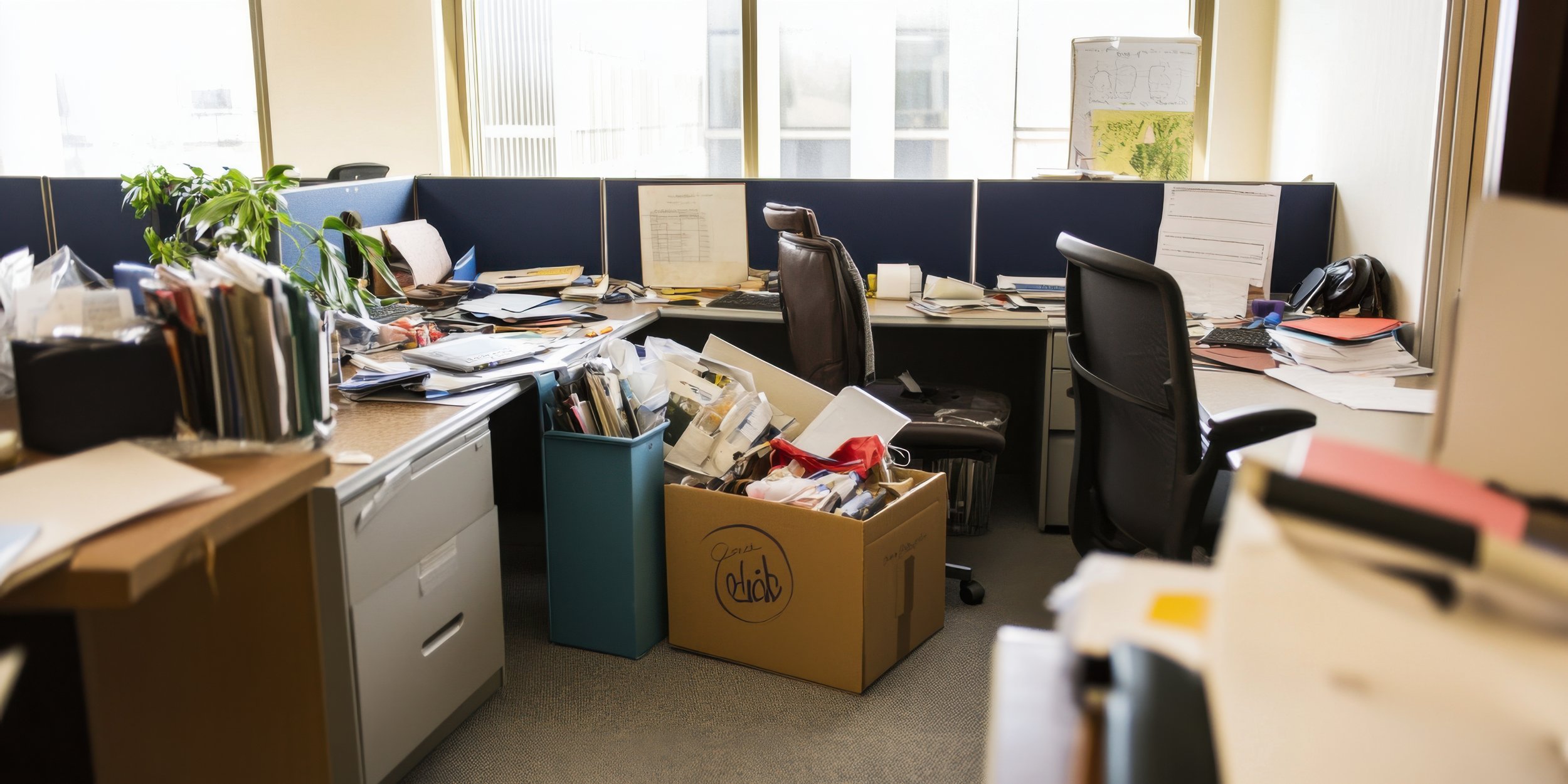 Cluttered office cubicles with papers and supplies.