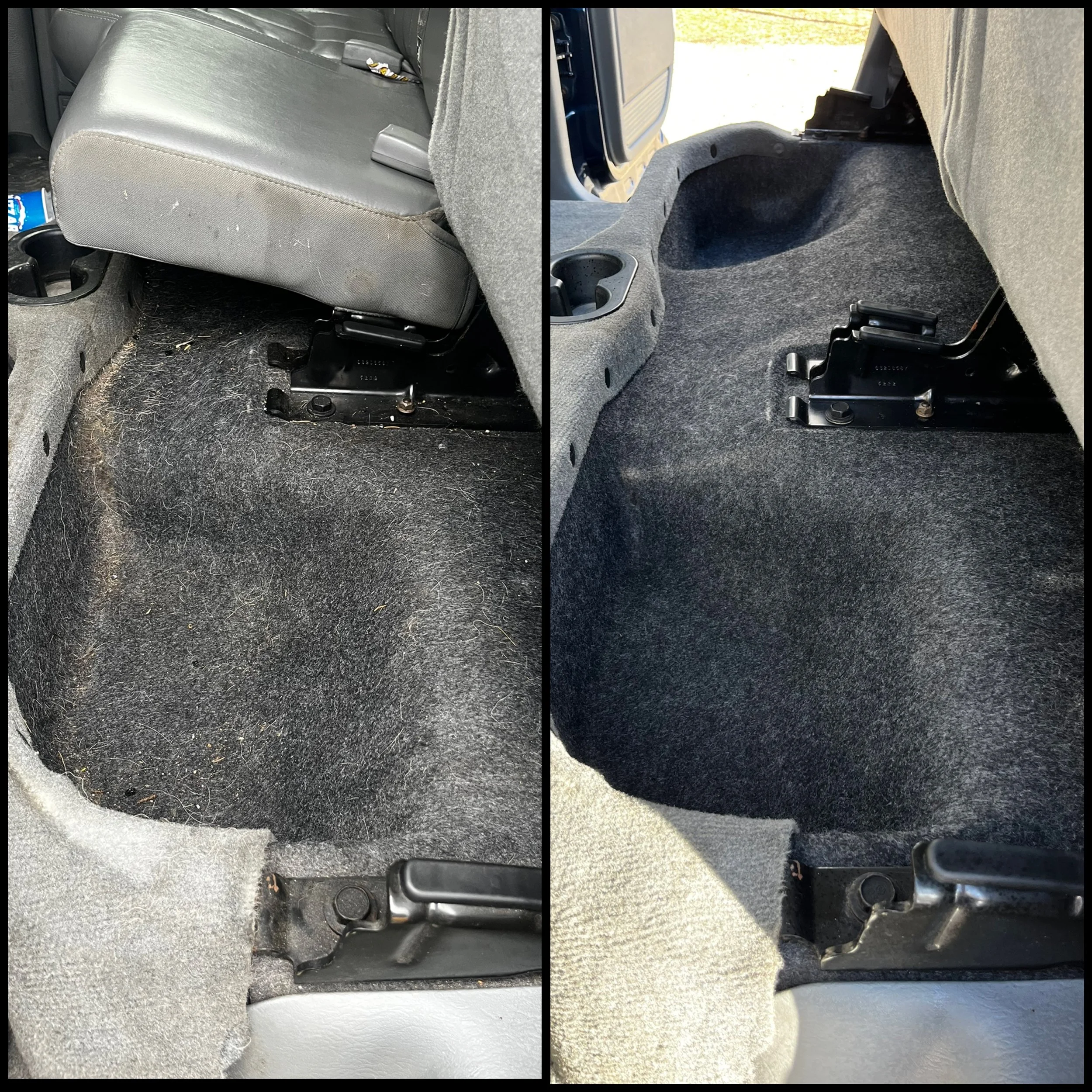 Comparison of car floor mats before and after cleaning, showing a grime-covered mat on the left and a clean mat on the right.