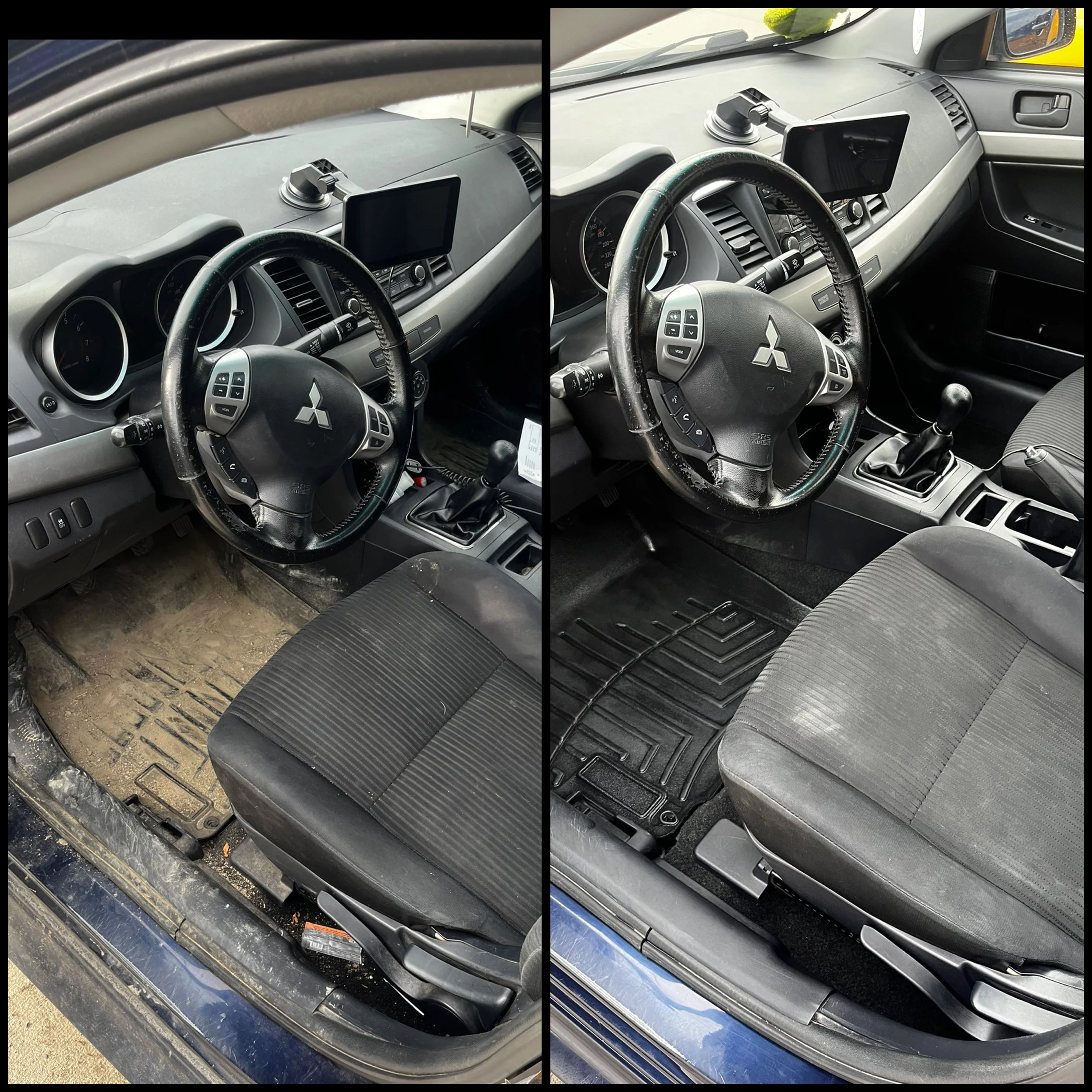 Before and after images showing the inside of a vehicle's front seat area, with the floor mats removed and the area cleaned.