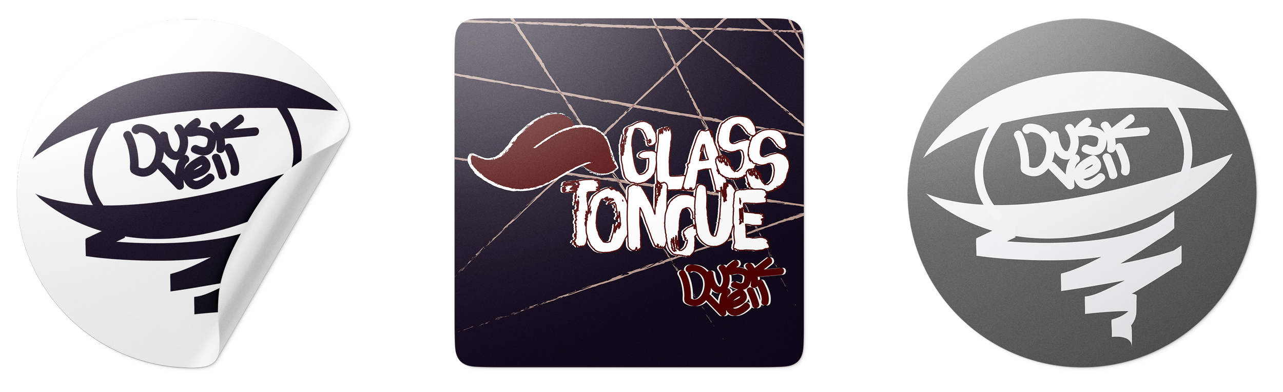 Sticker with the words "Glass Tongue" and a tongue logo, flanked by two spherical sticker designs with the same logo, one in black and white, and the other in grayscale.