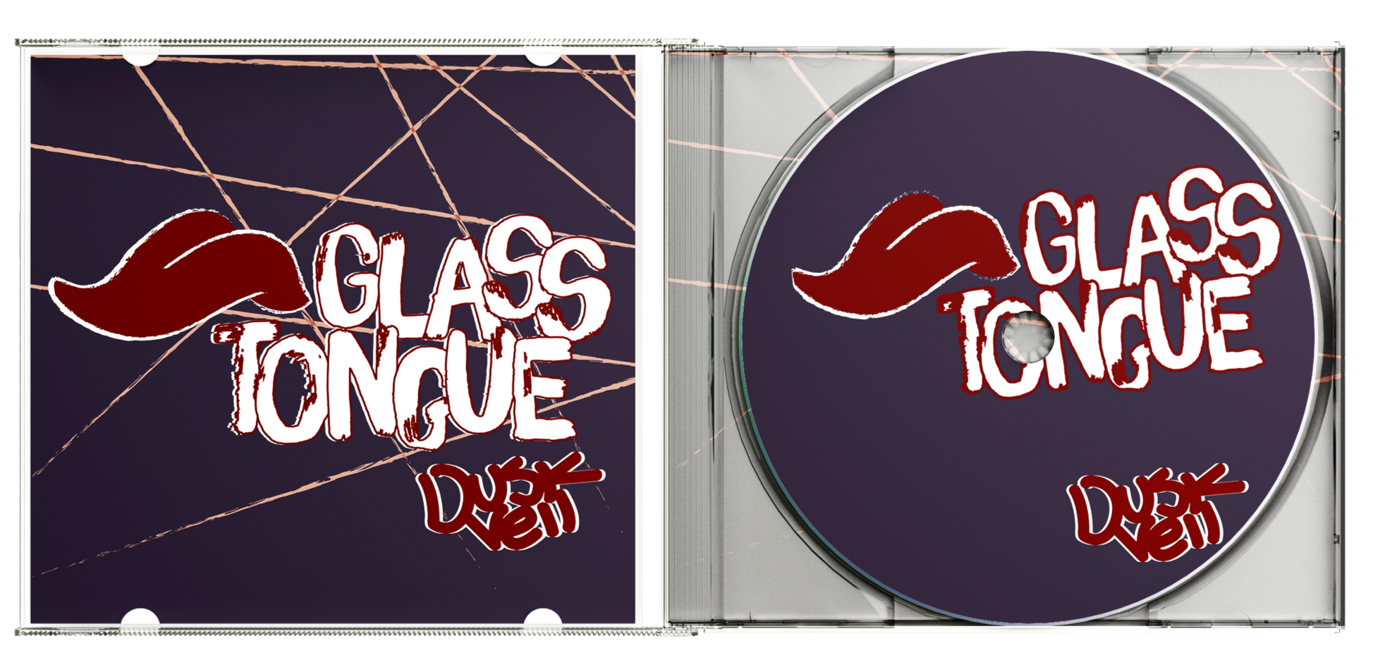 A CD case and disc with a dark purple background and text that says "Glass Tongue" with a stylized red tongue graphic, and the artist's name "Dusk Veil" in red graffiti-style font.