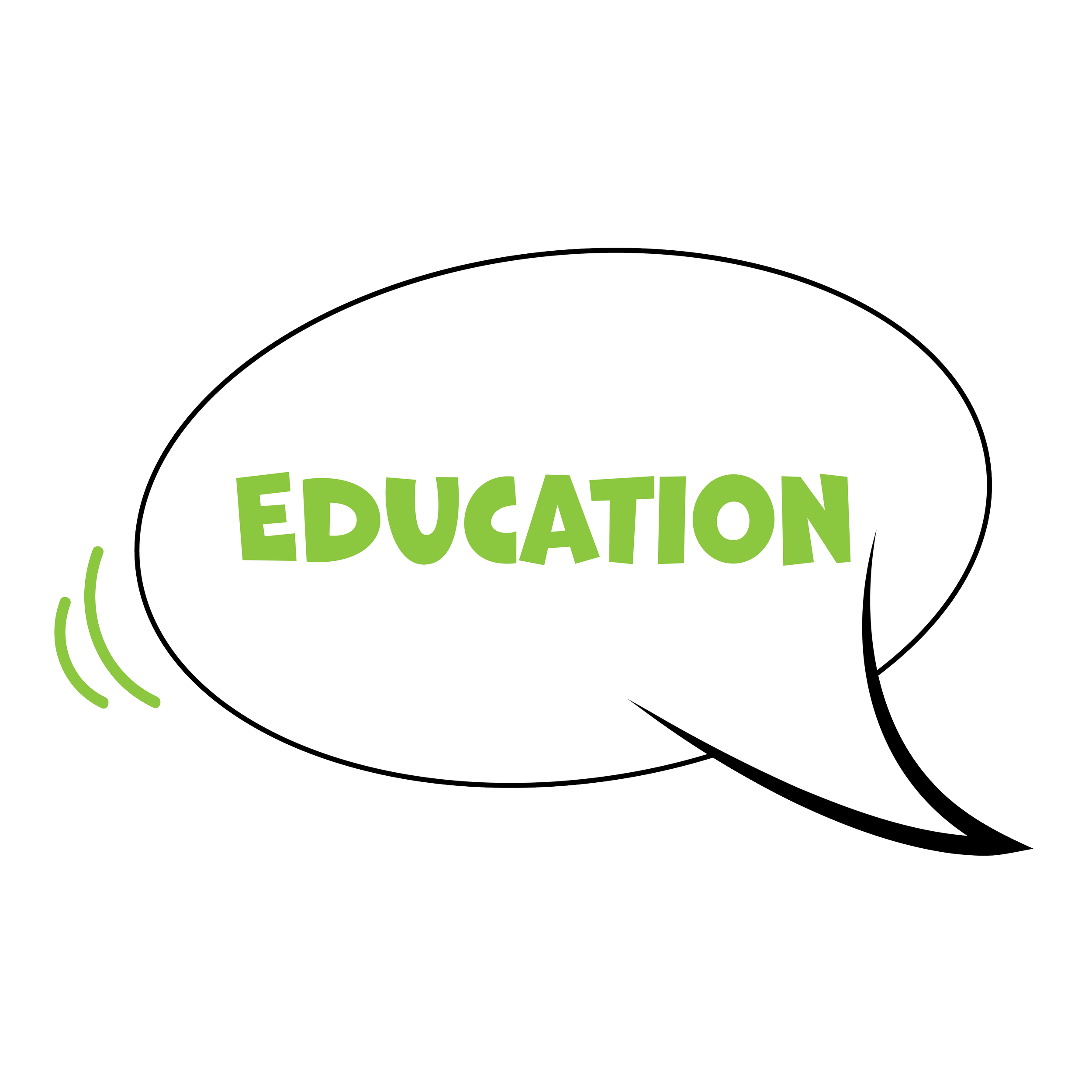 Speech bubble with the word 'EDUCATION' written inside in green letters.