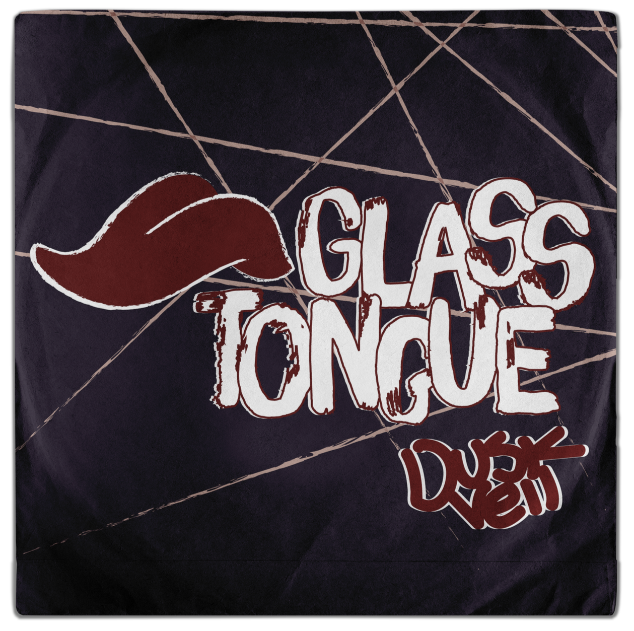 A dark, fabric backdrop features a graffiti-style logo with a red mustache and the words 'Glass Tongue' in large, stylized white letters outlined in brown. The design has an edgy, street art vibe.