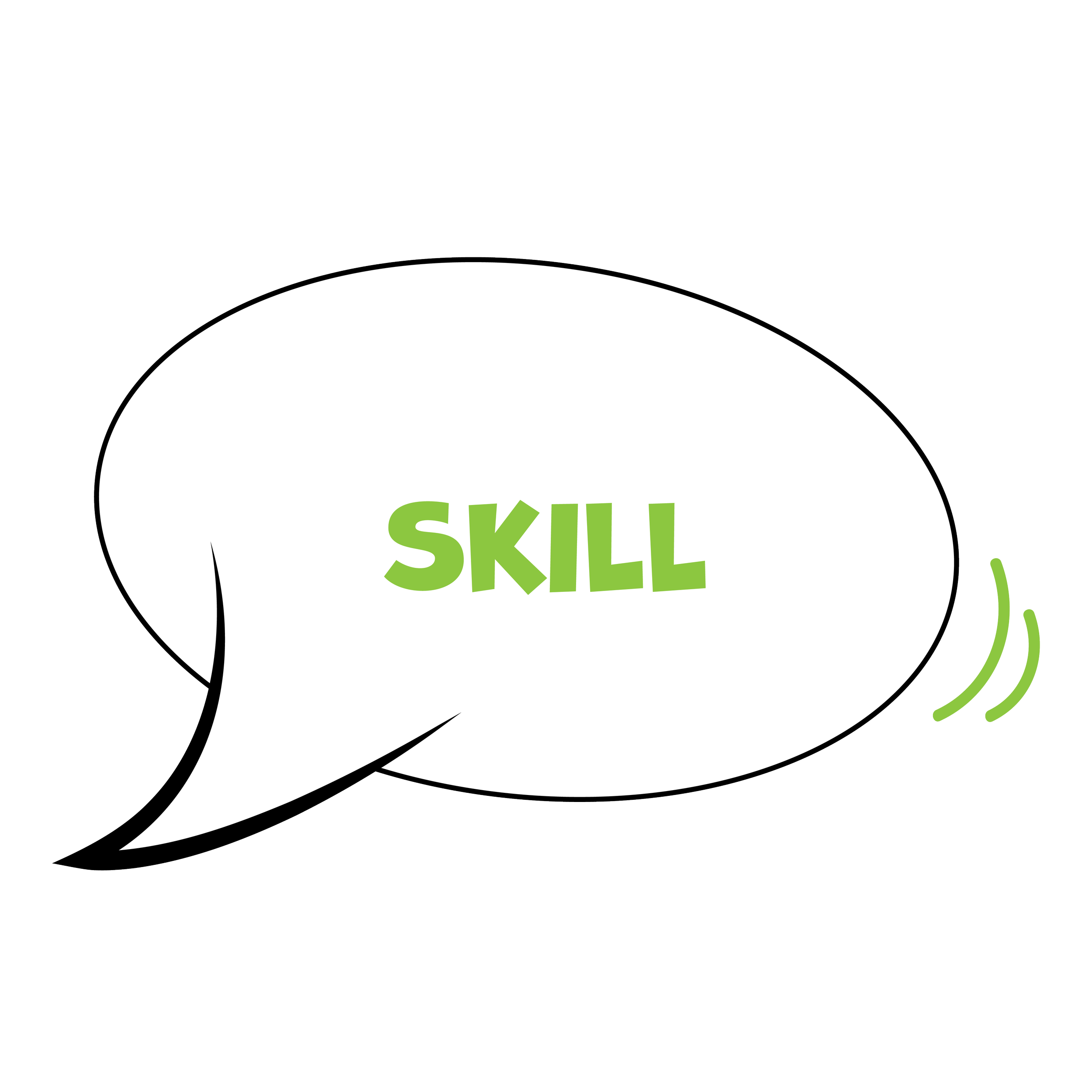 Speech bubble with the word 'SKILL' in green letters.