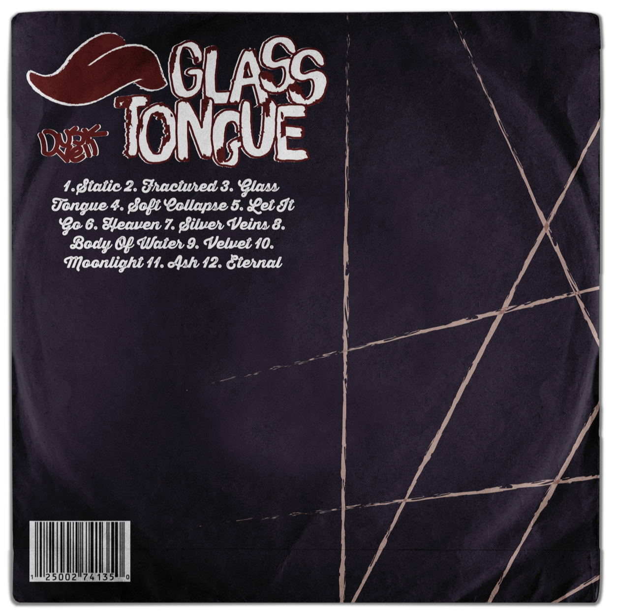 Album cover for 'Glass Tongue' featuring a dark background with abstract lines and the tracklist of 12 songs written in white cursive font.