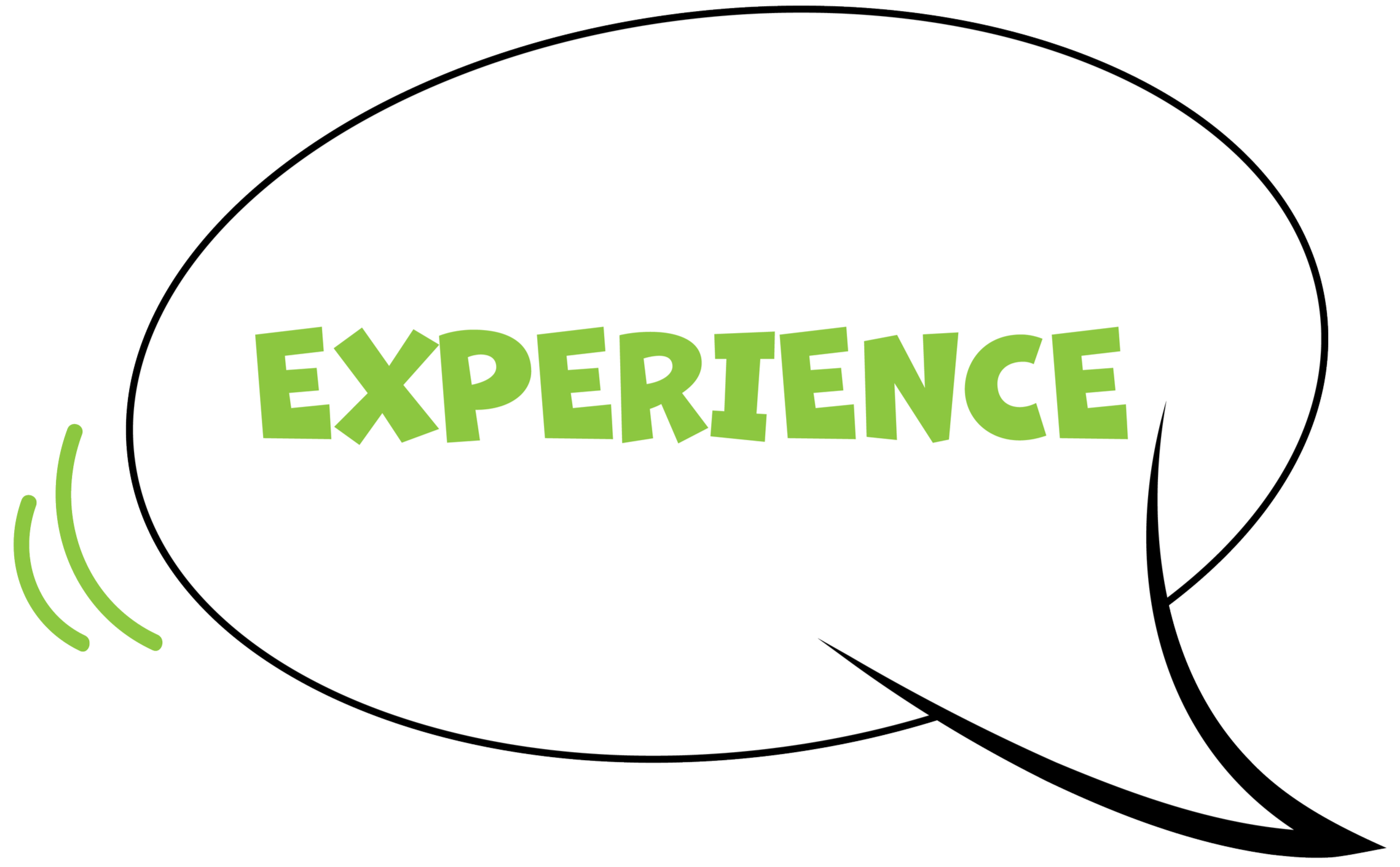 Speech bubble containing the word "Experience" in green letters, with sound lines emitting from the bubble.