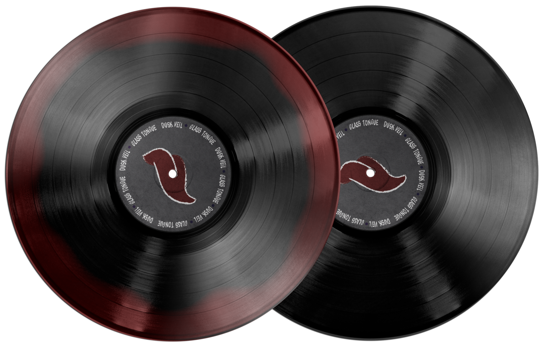 Two vinyl records, one with a reddish-brown edge and the other black, featuring labels with a mustache icon and text that reads 'Glass Tongue Dusk Veil'.