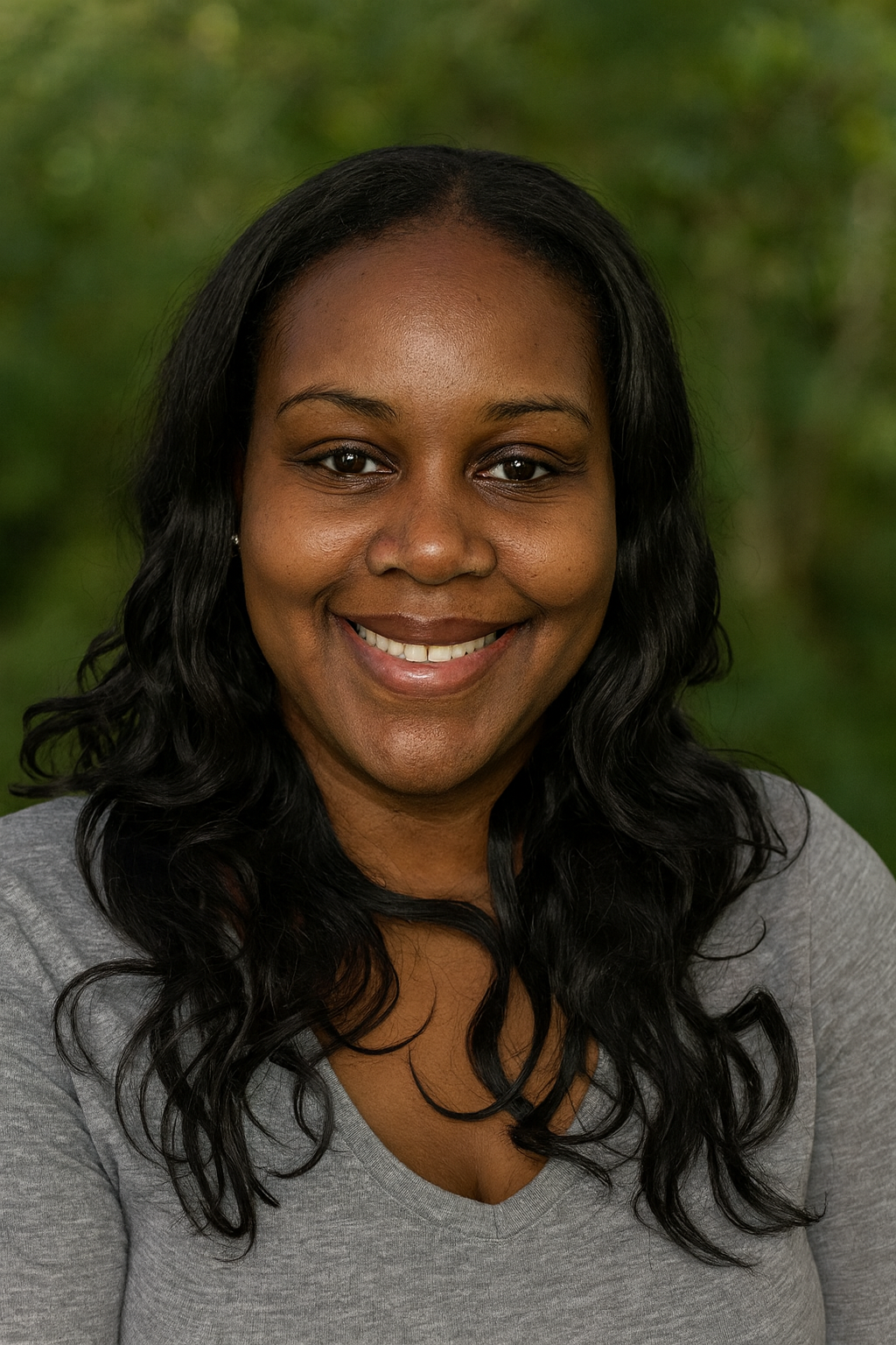 Woman with long wavy black hair smiling at the camera against a plain background.
