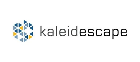 Kaleidescape logo with geometric blue, gray, and orange design and black text.